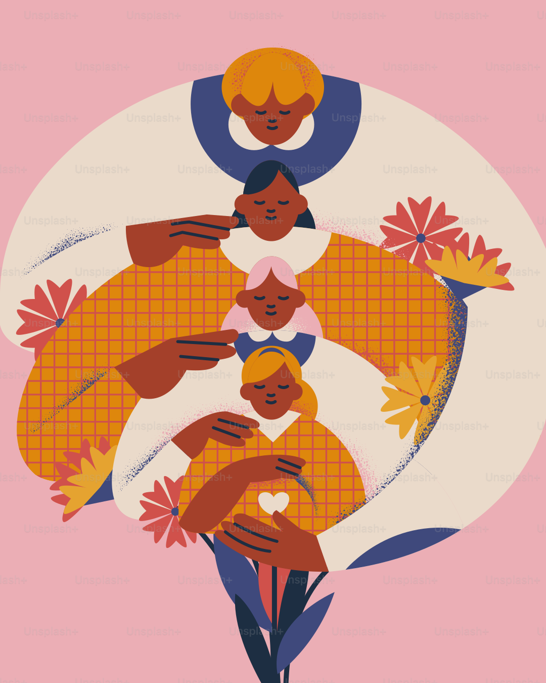 A group of people standing next to each other on a pink background