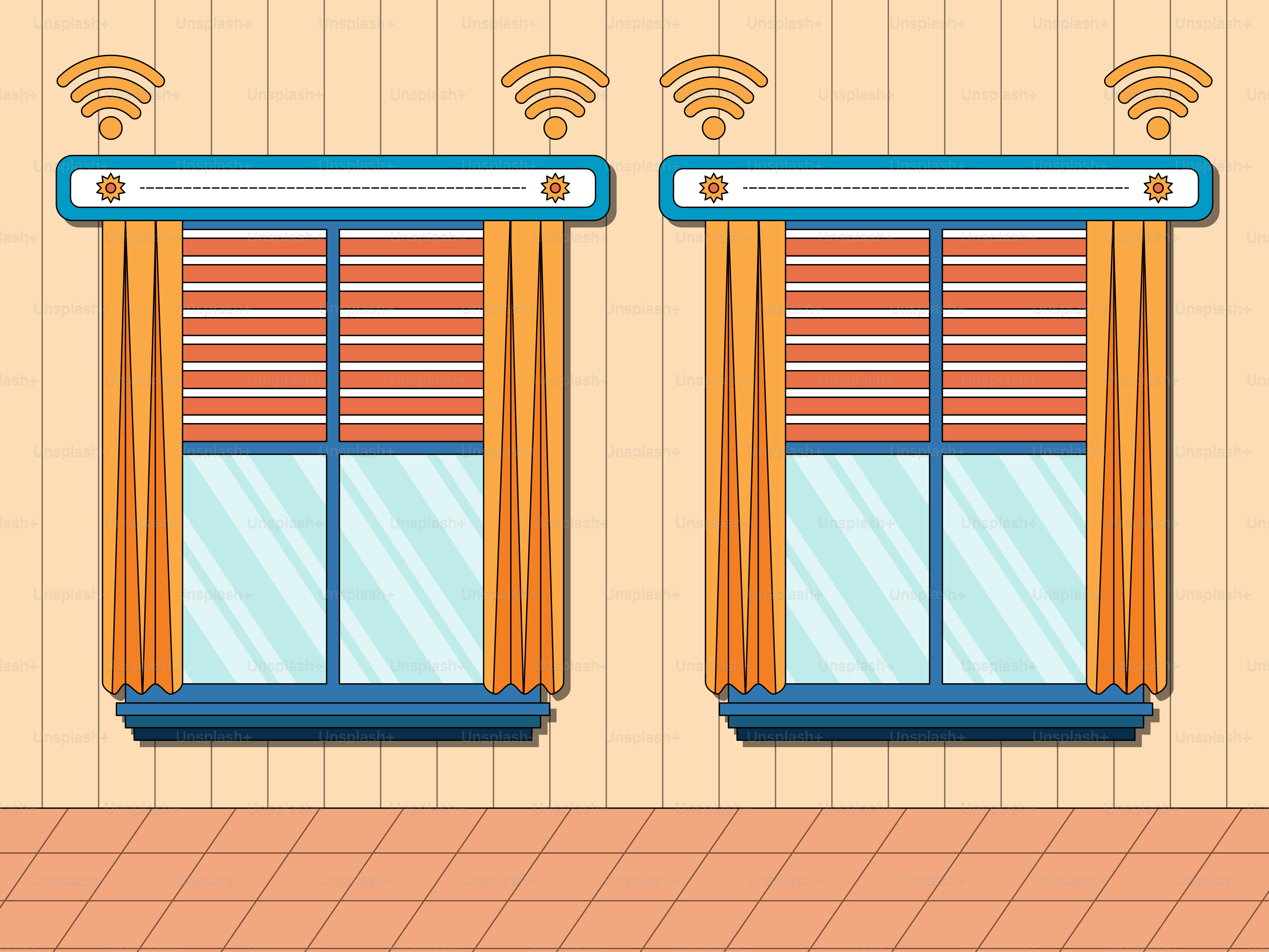 A room with two windows and wifi connected to the ceiling