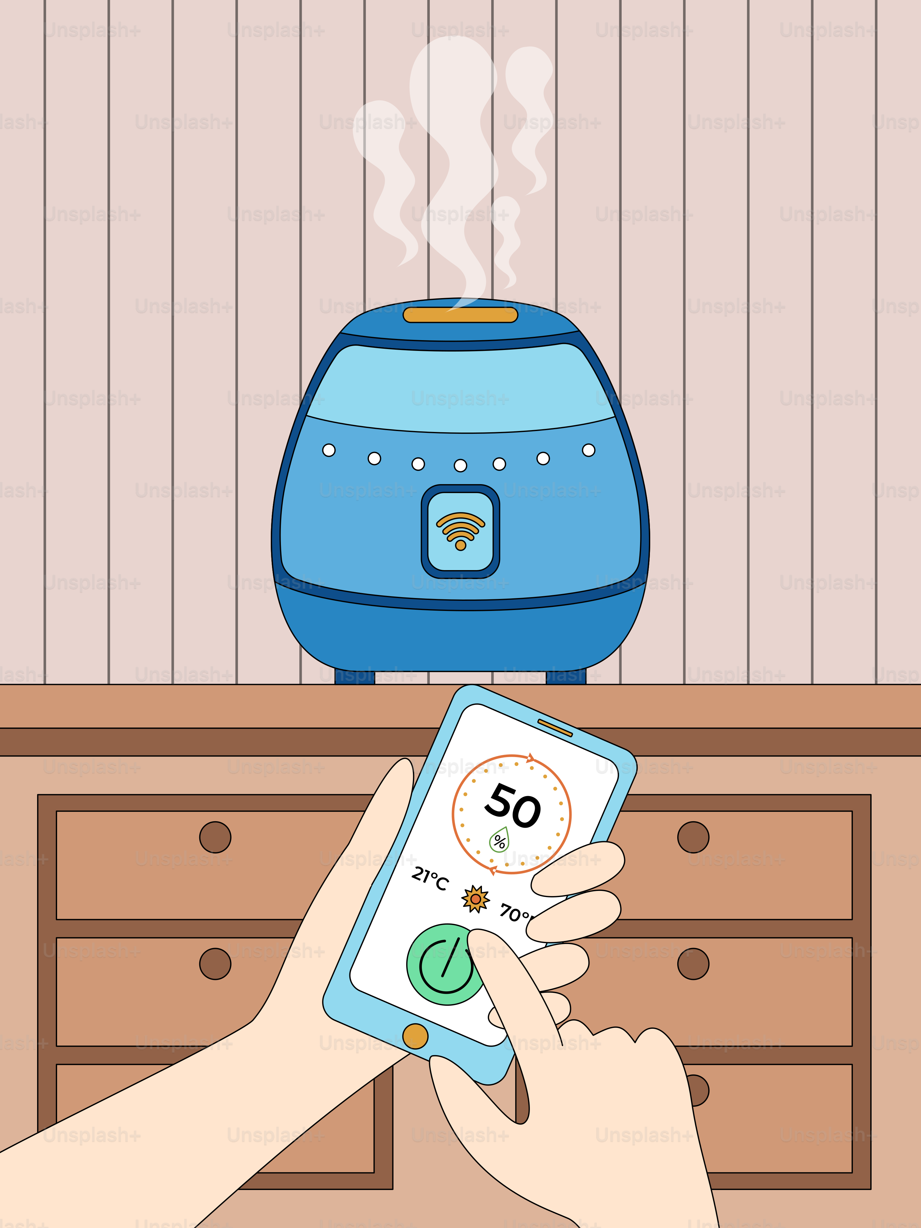 Uma pessoa segurando um smartphone na frente de um umidificador