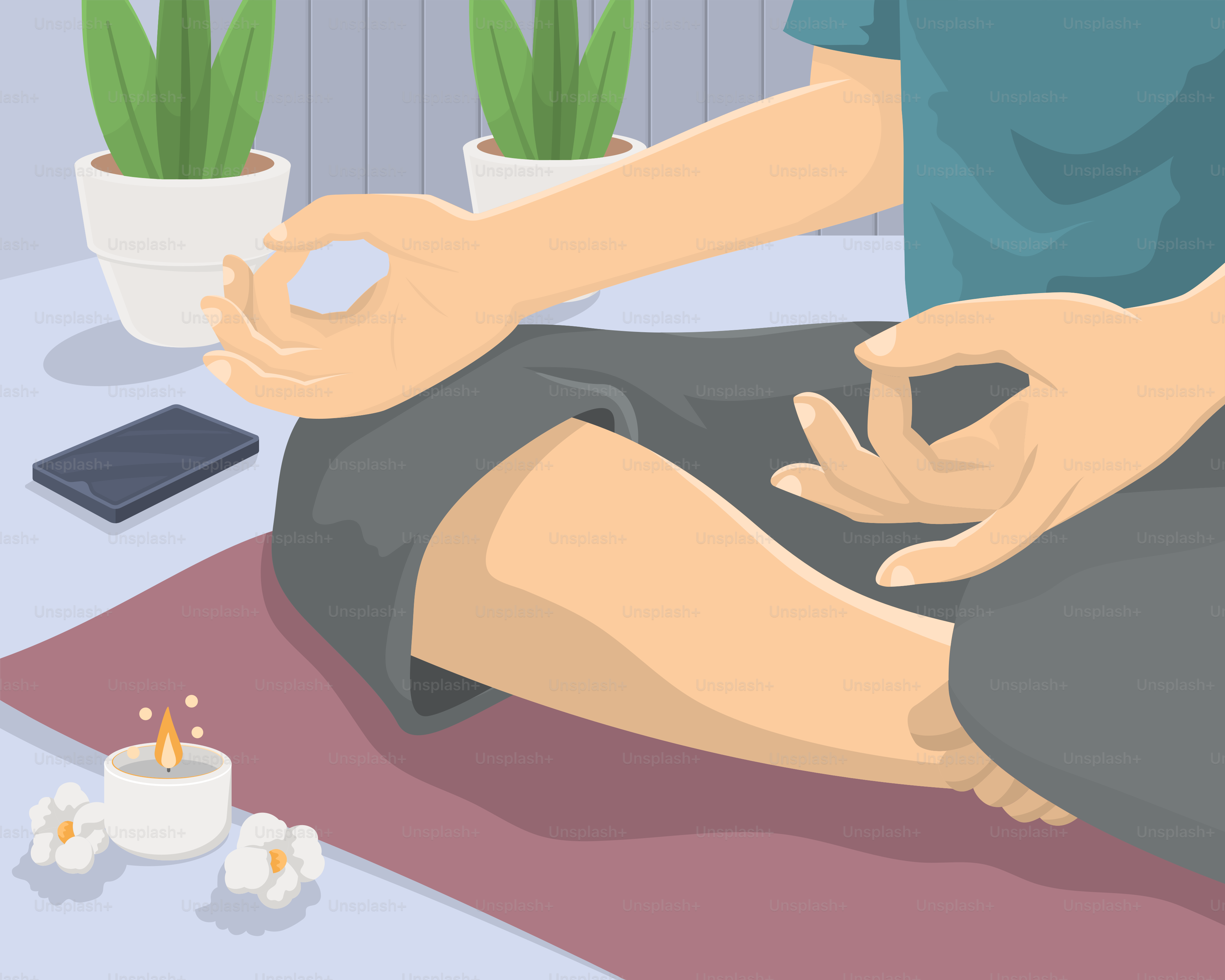 Uma pessoa sentada em um tapete com uma planta em vaso ao fundo