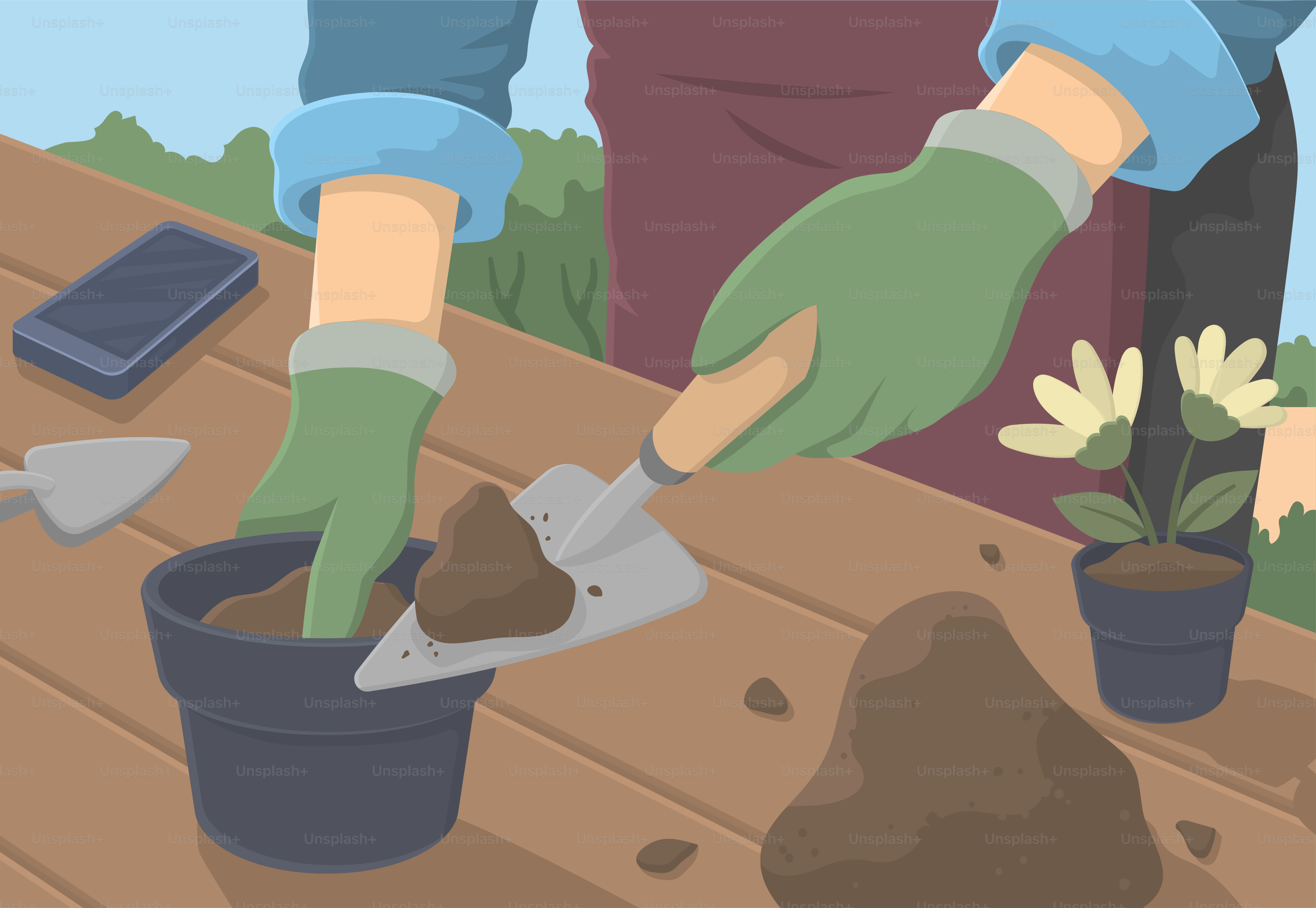 A person with gardening gloves and gloves is digging in a potted plant