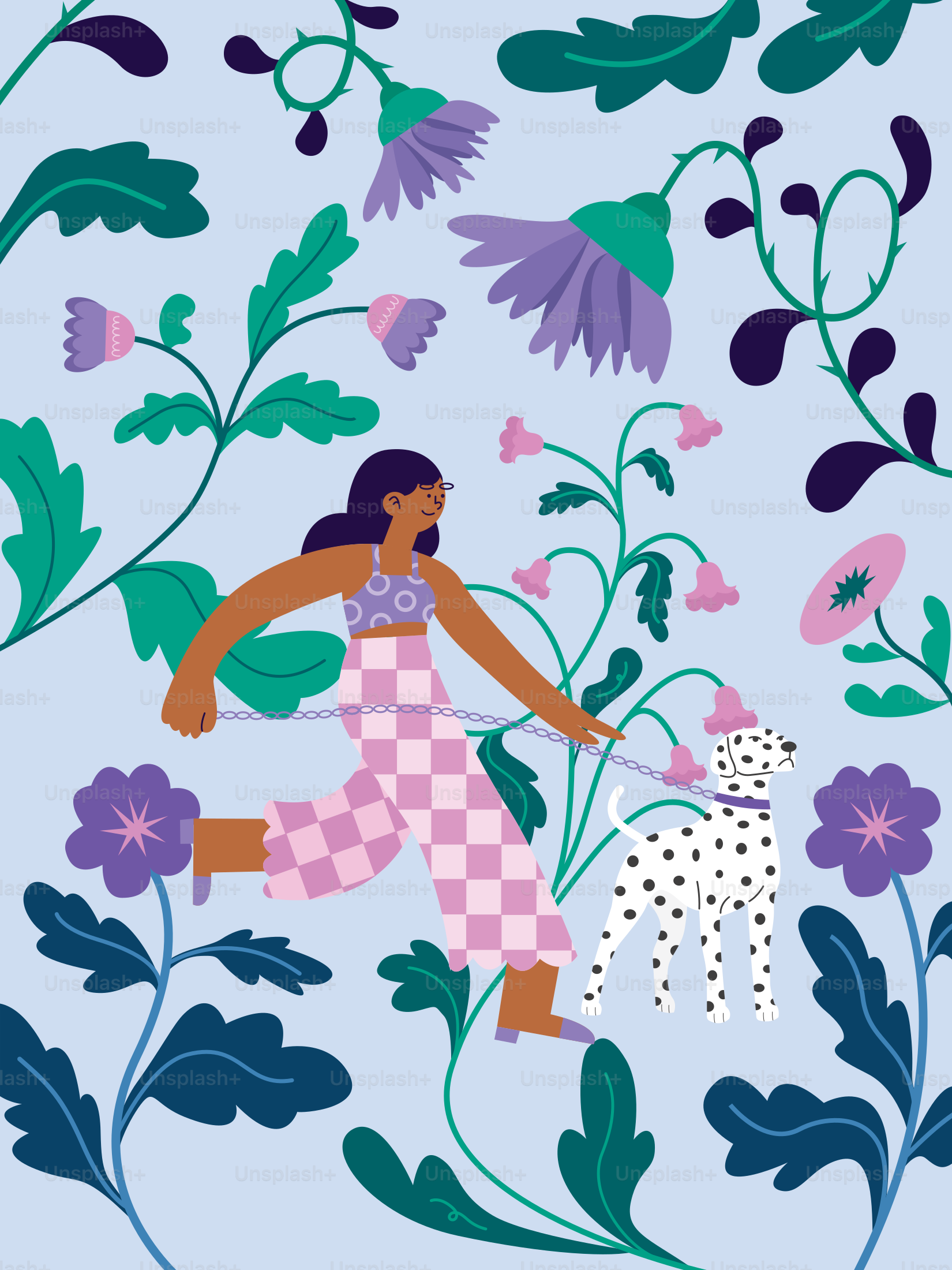 A woman walking a dog through a field of flowers