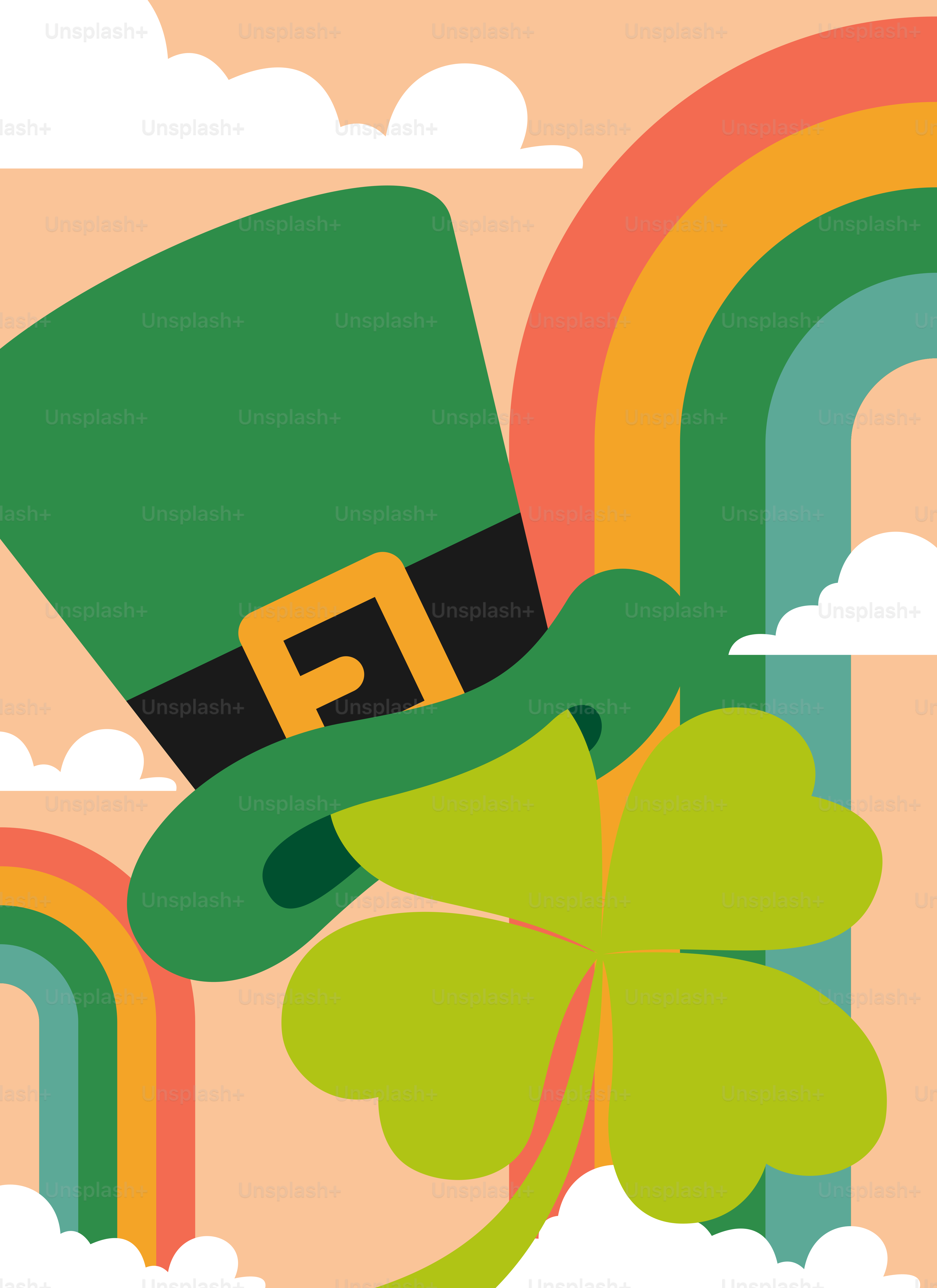 A st patrick's day poster with a lepreite hat and rainbows