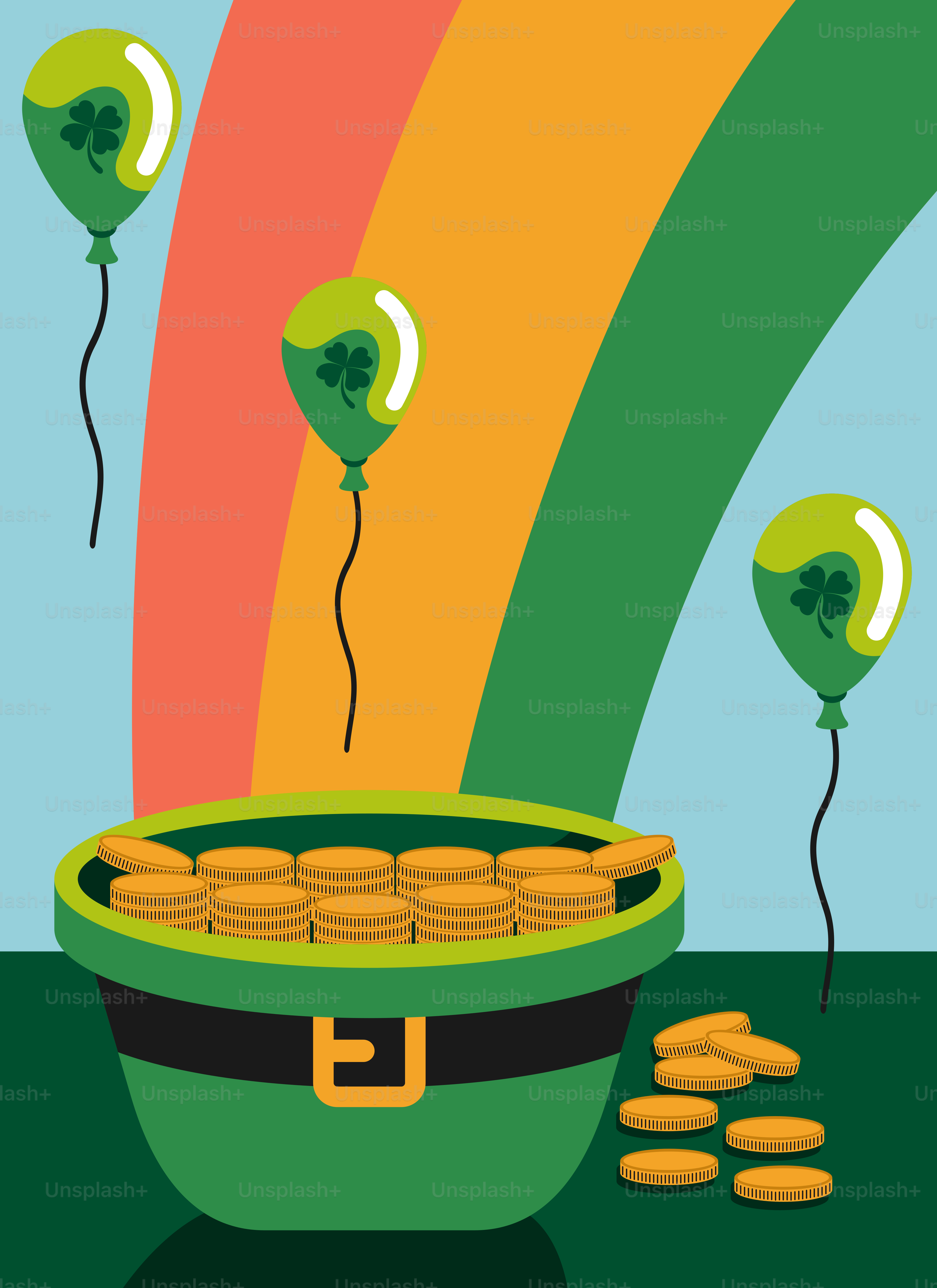Pot koin emas dengan balon dan pelangi di latar belakang