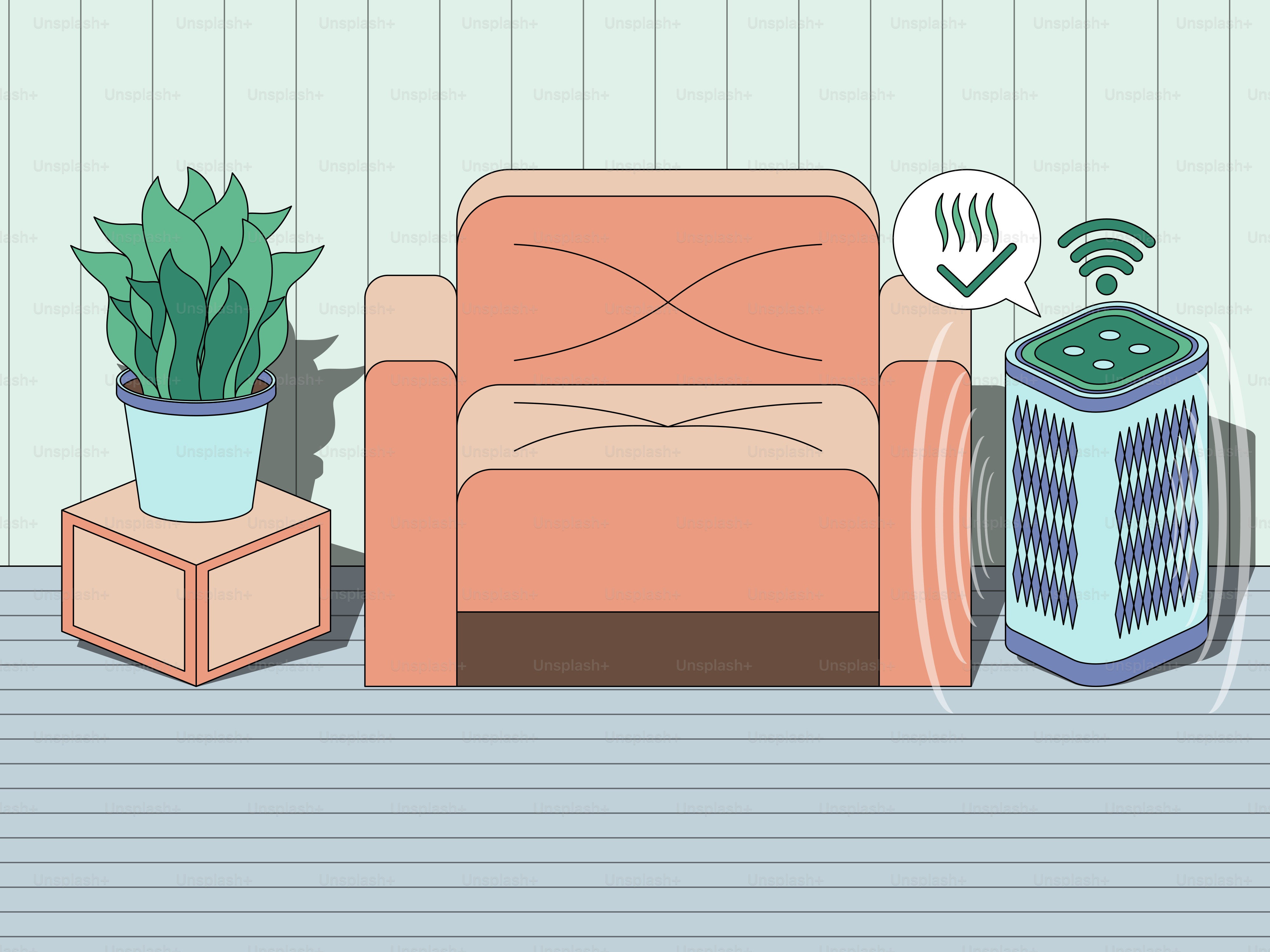 A living room with a couch and a potted plant