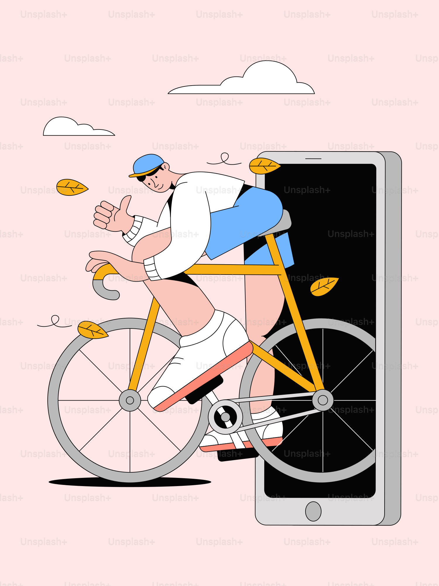 A man riding a bike next to a cell phone