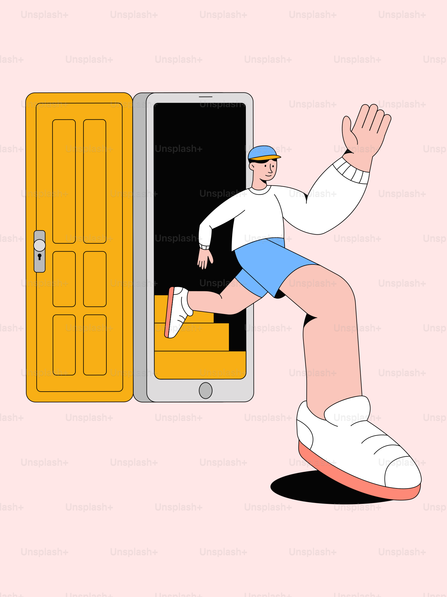 A cartoon of a man stepping out of a yellow door