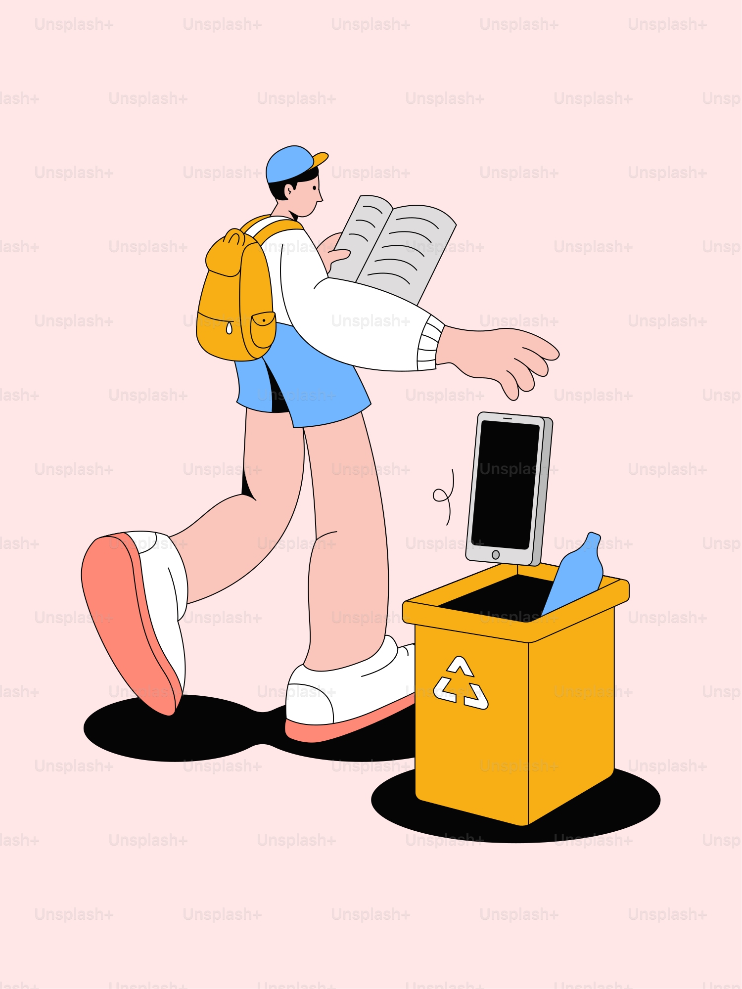 A man walking past a trash can with a book in it