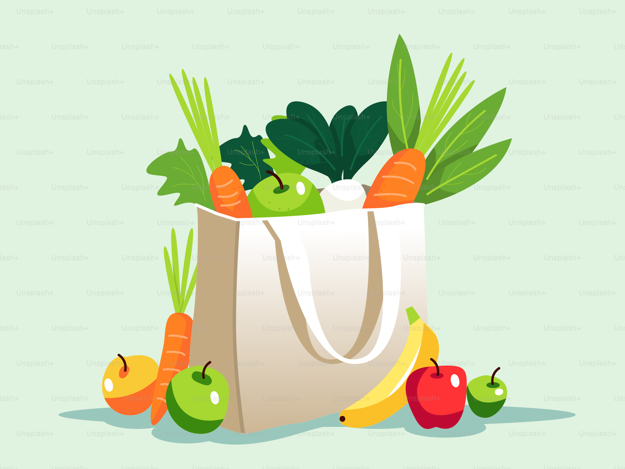 A bag full of fruits and vegetables on a green background