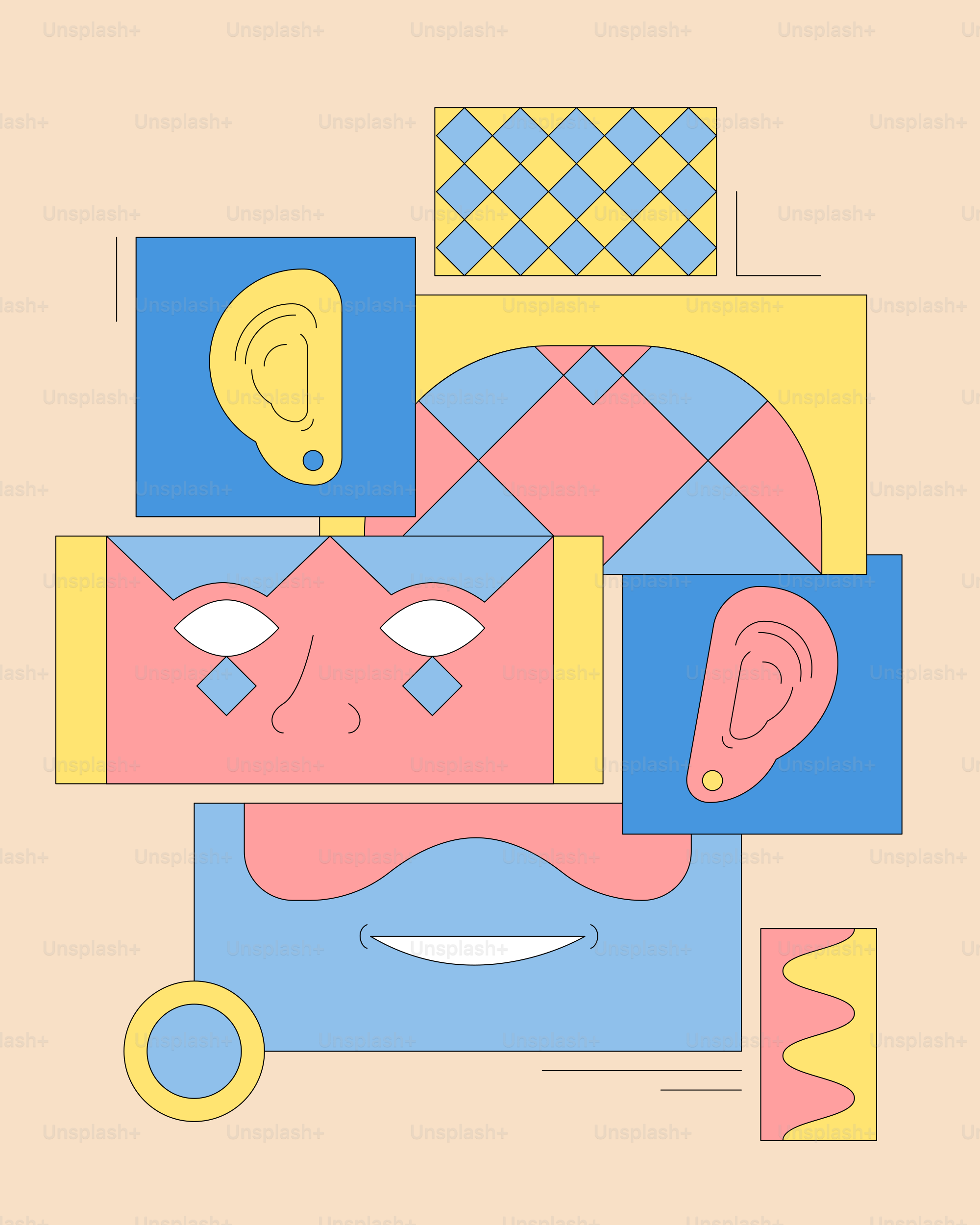 A poster with a man's face surrounded by geometric shapes