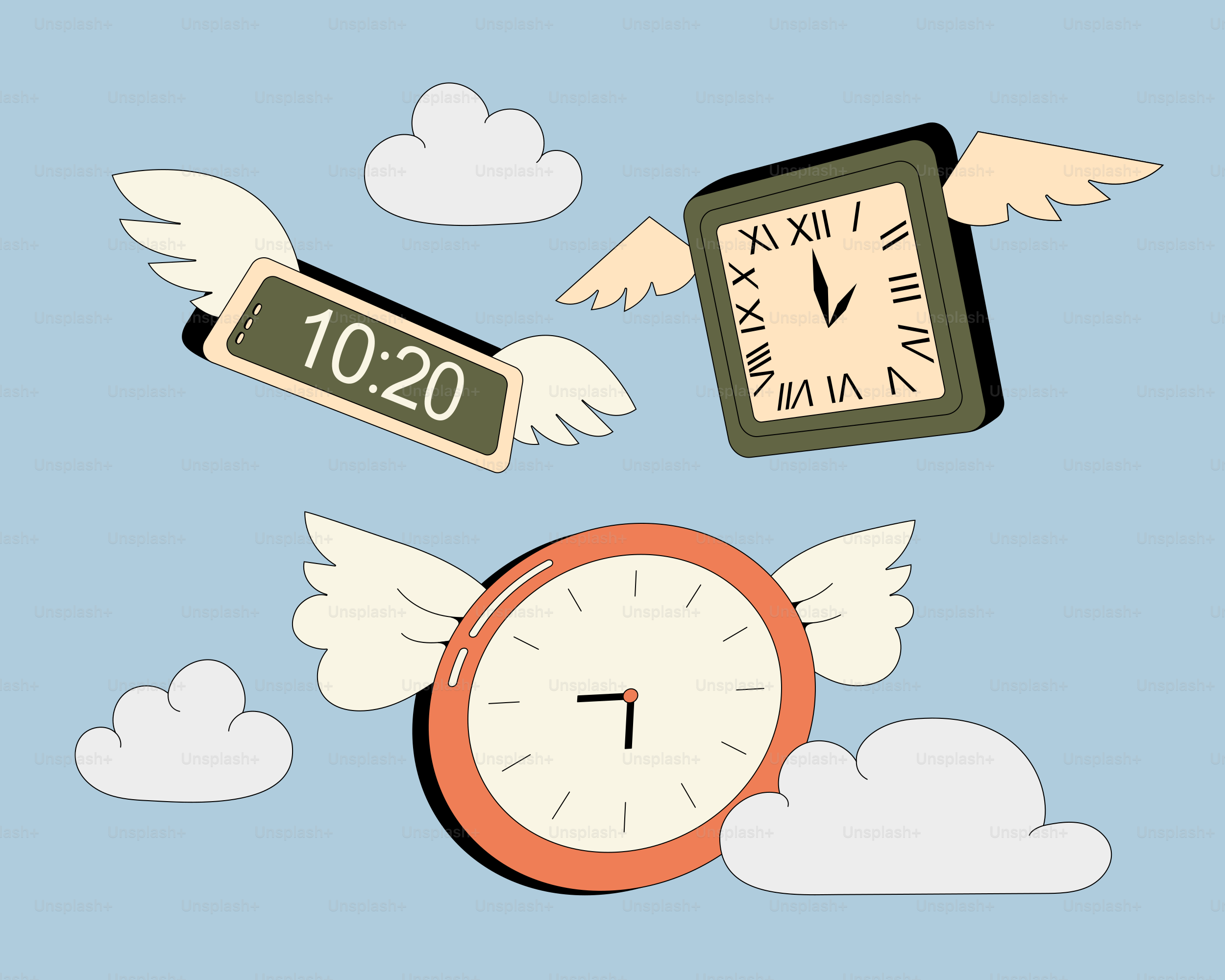 Un orologio che vola nell'aria con le ali intorno