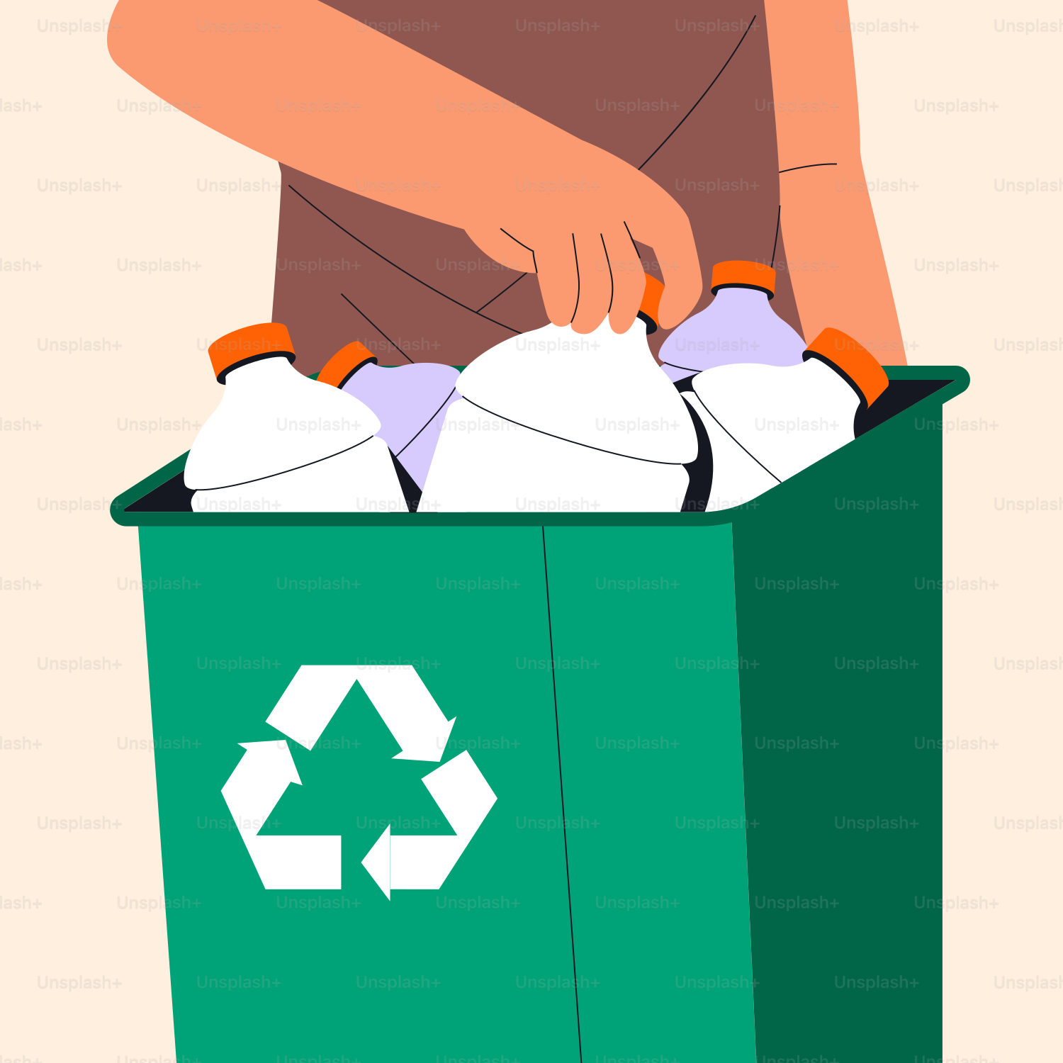 Eine Person, die ein grünes Recycling in einen grünen Mülleimer wirft
