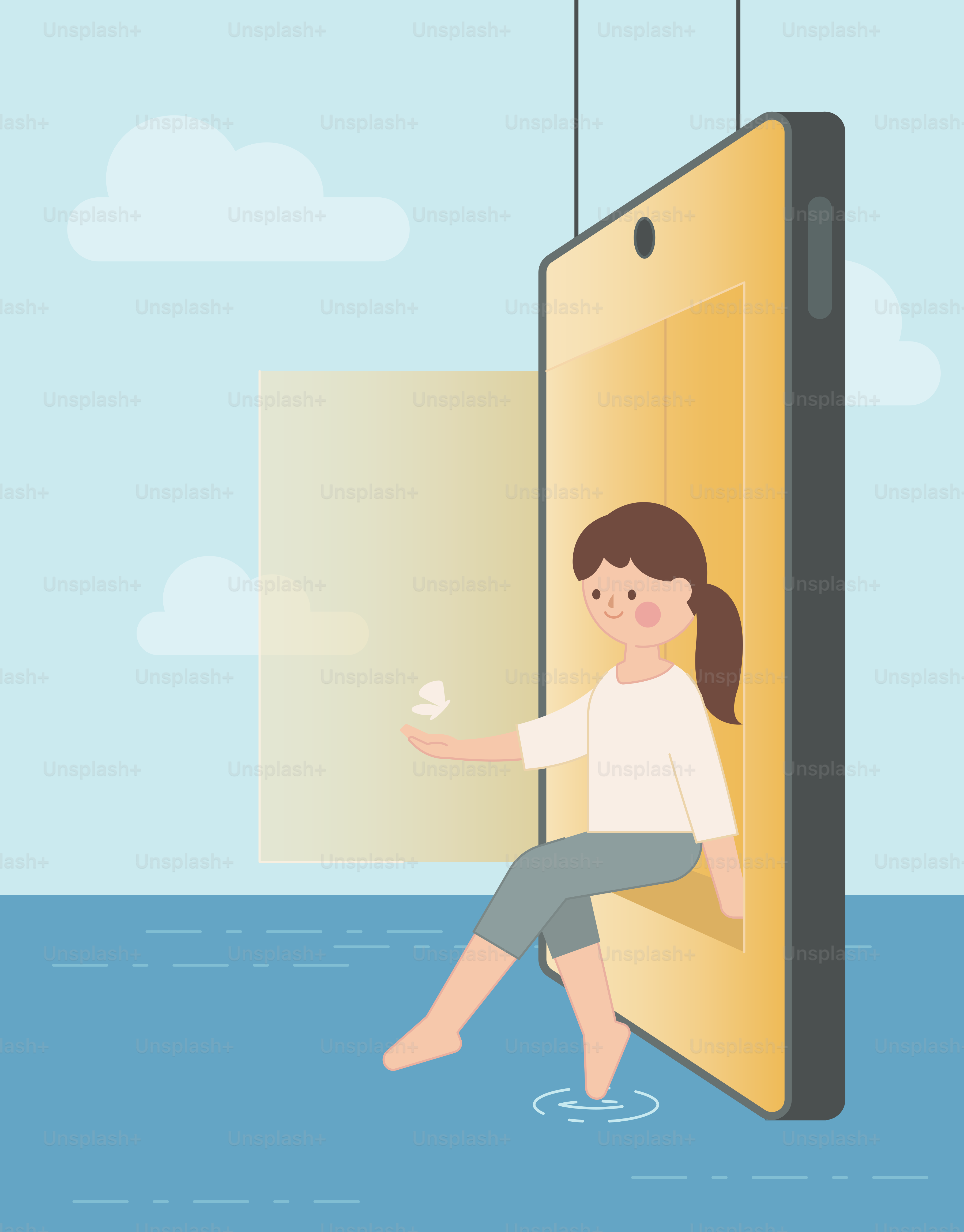 A woman sitting on top of a phone in the water