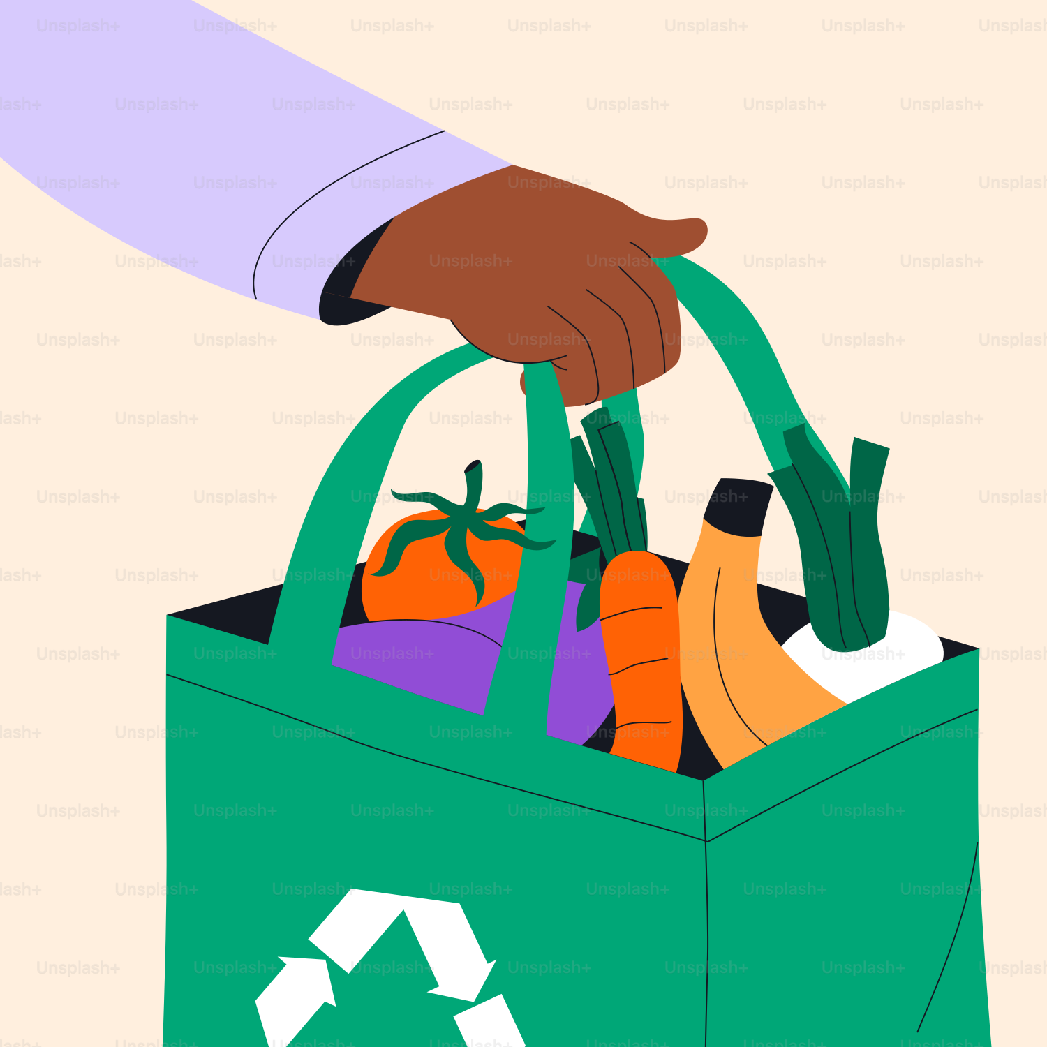 Uma pessoa segurando uma sacola verde cheia de mantimentos