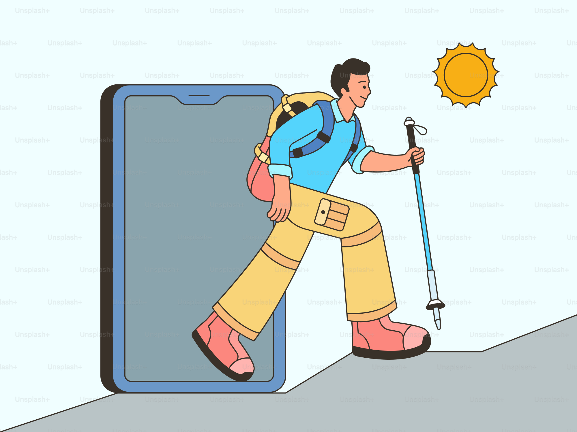 A man with a backpack is walking up the stairs