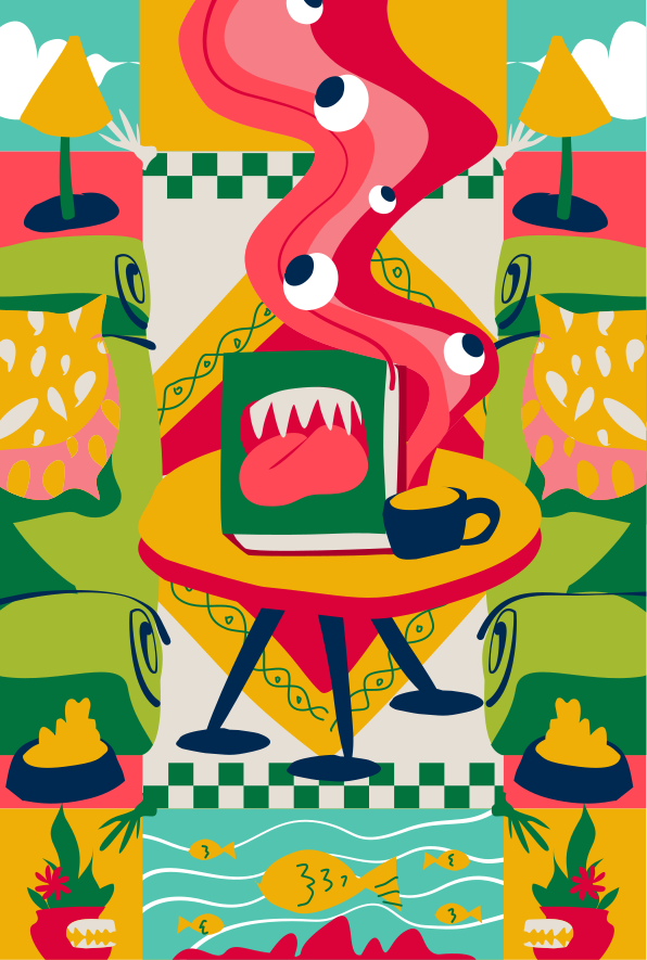 A painting of a table with a cup on it