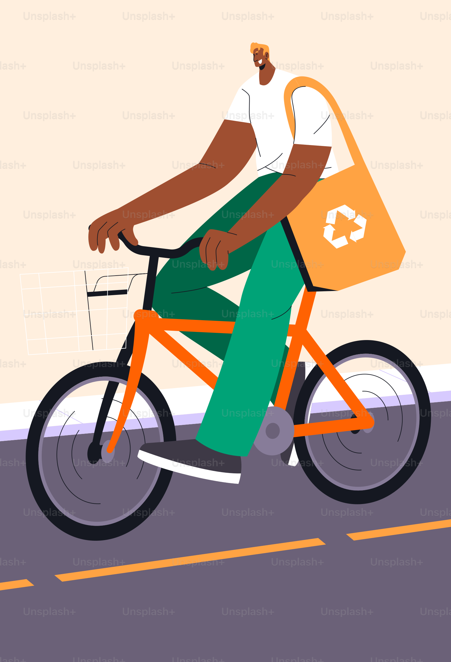 Ein Mann fährt Fahrrad mit einer Tasche auf dem Rücken