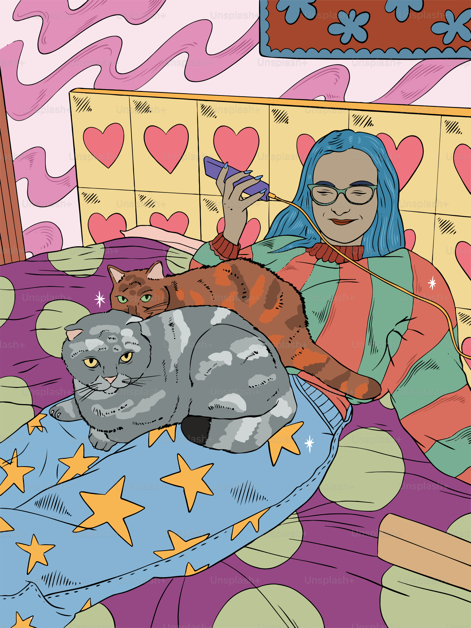 Una mujer tumbada en una cama con un gato