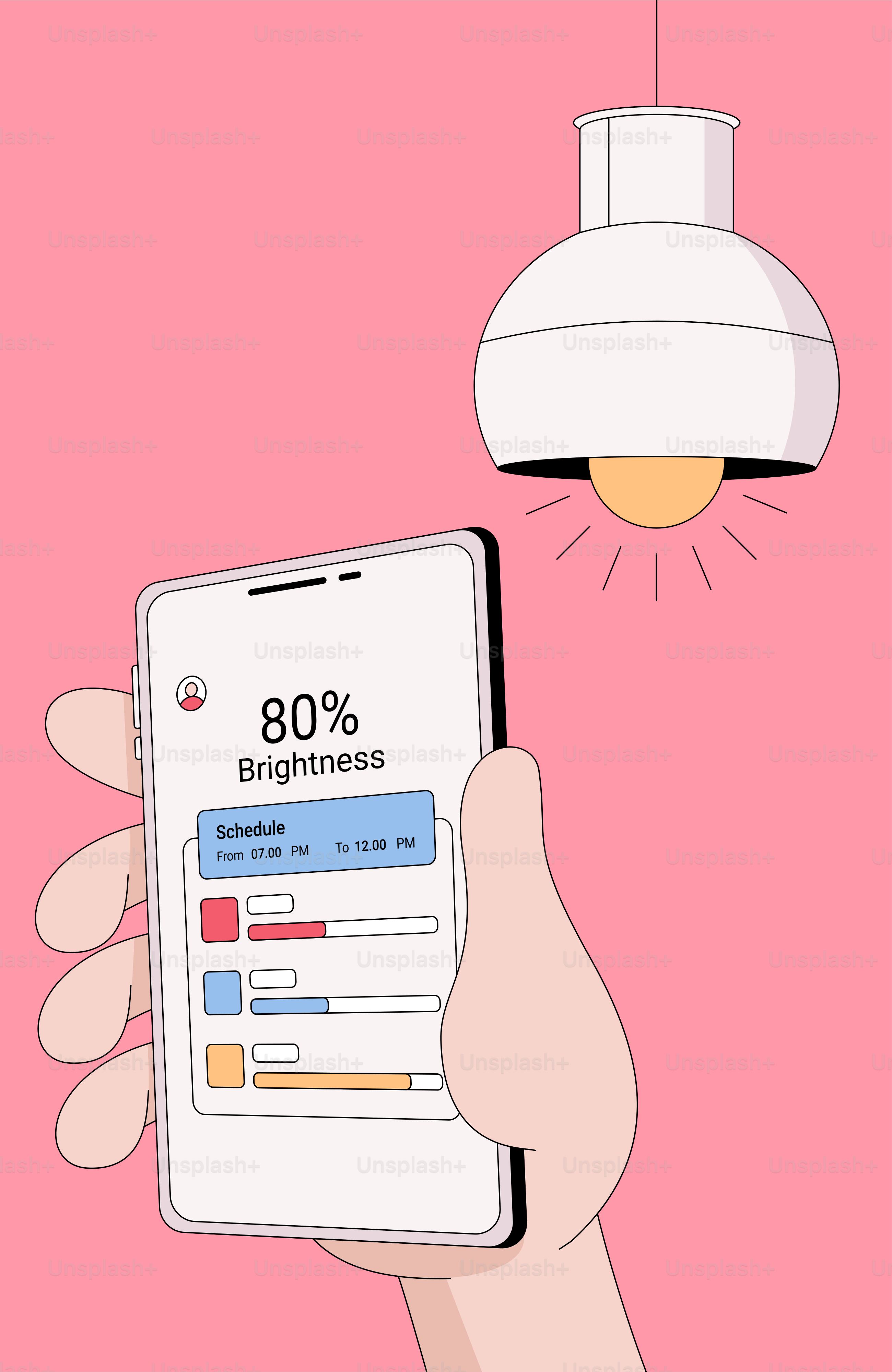 Uma mão segurando um smartphone na frente de uma luminária