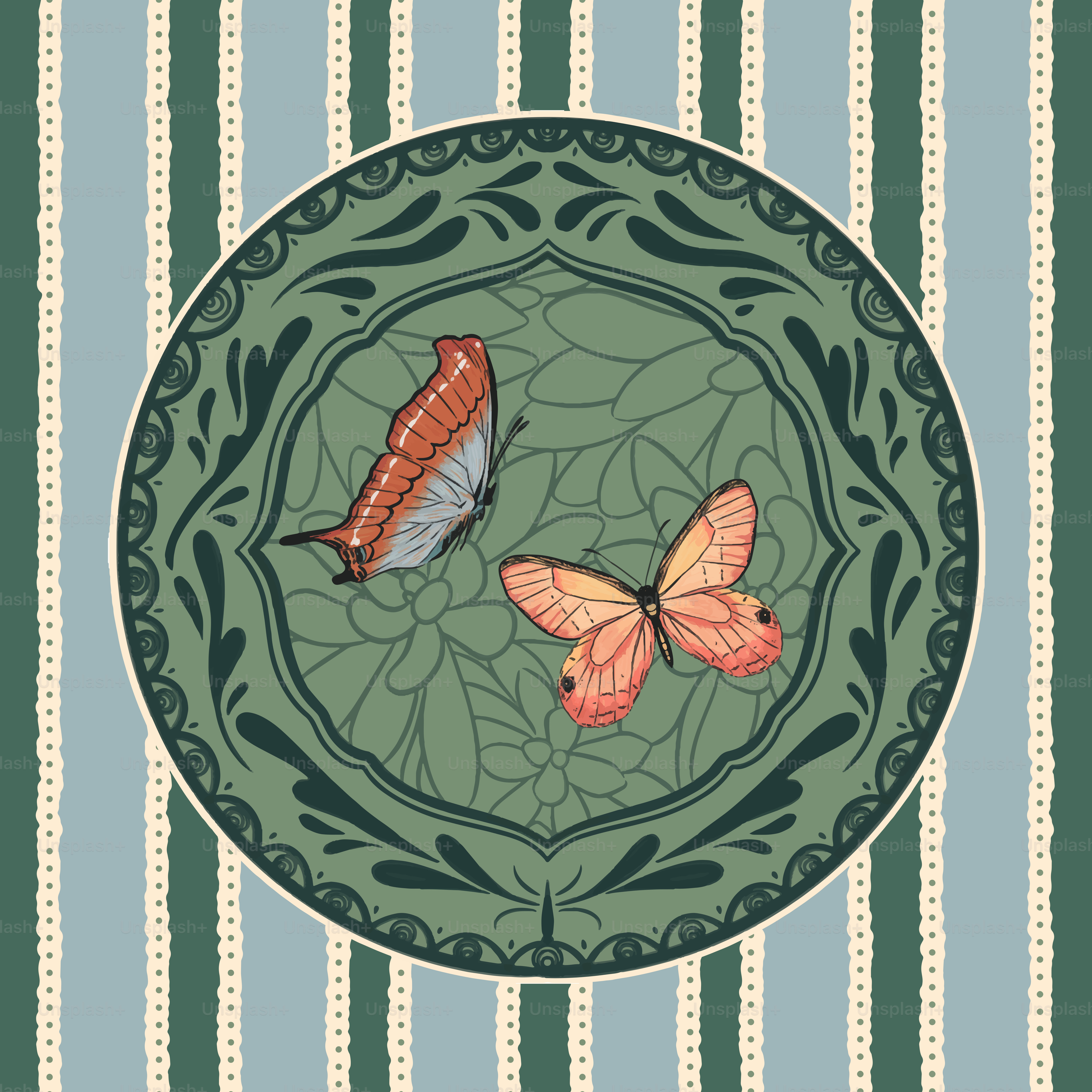 Ein Bild eines Tellers mit zwei Schmetterlingen darauf