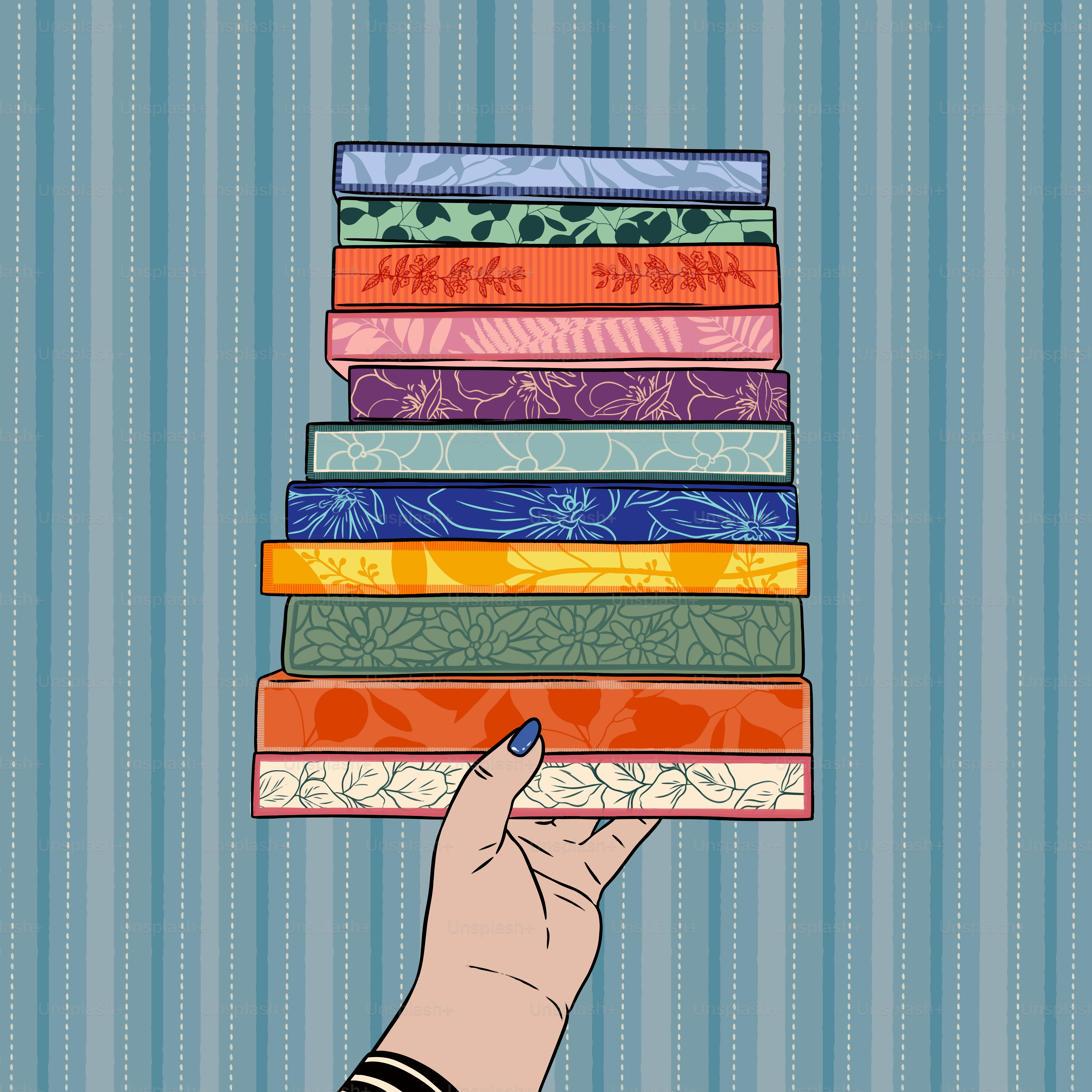 A hand is holding a stack of books