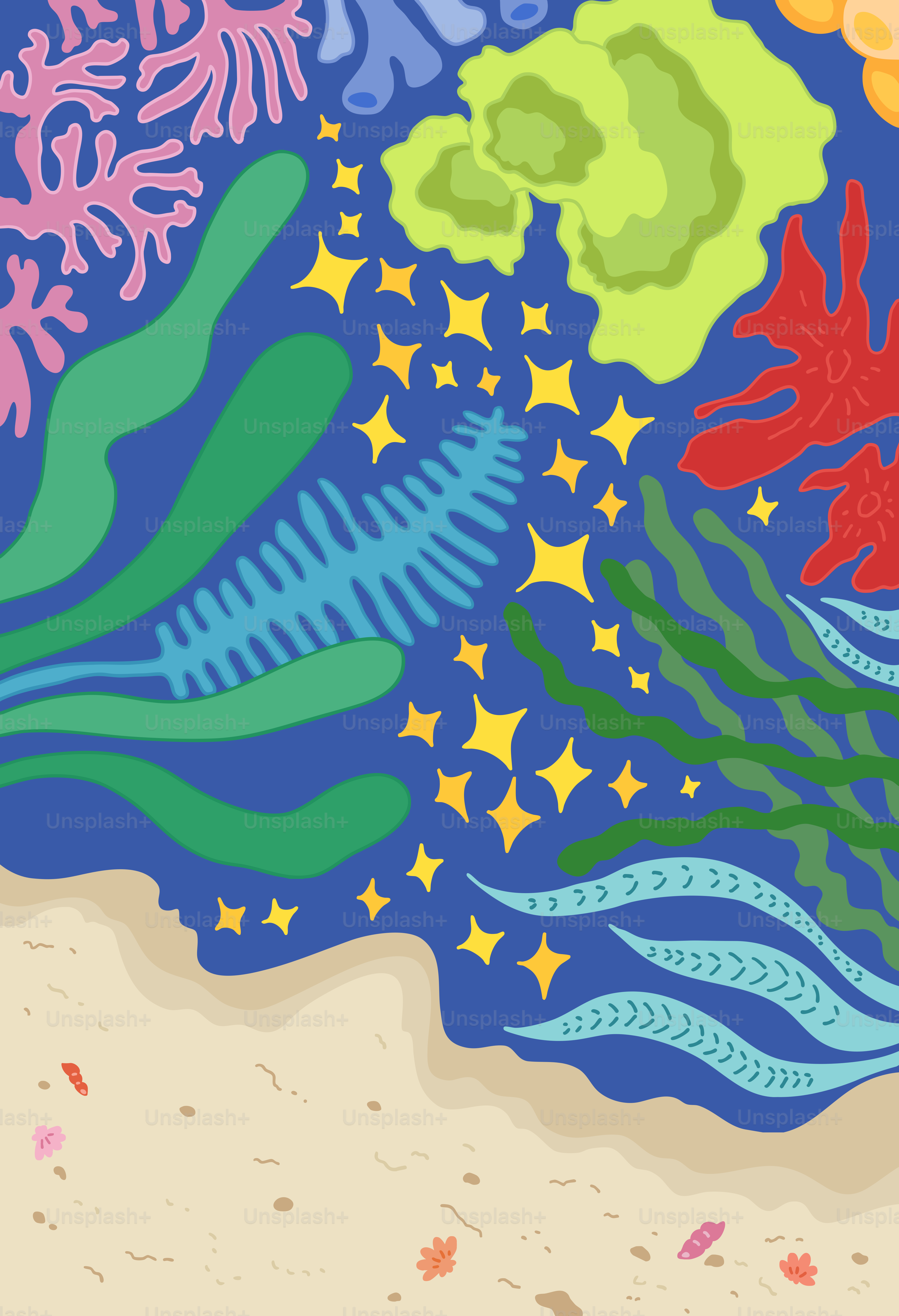 Uma pintura de um coral colorido e algas marinhas sobre fundo azul
