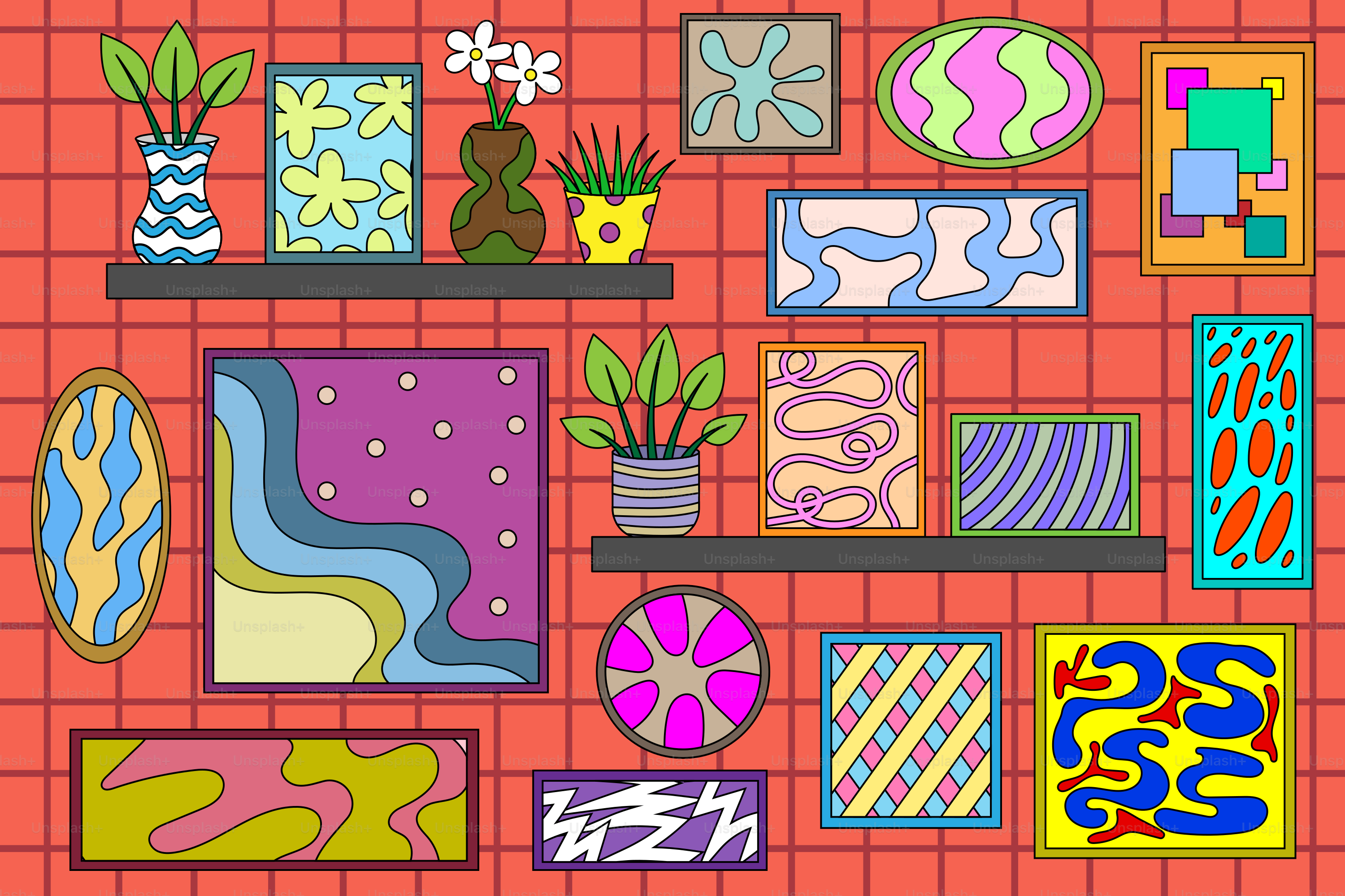 A picture of a wall with a bunch of art on it