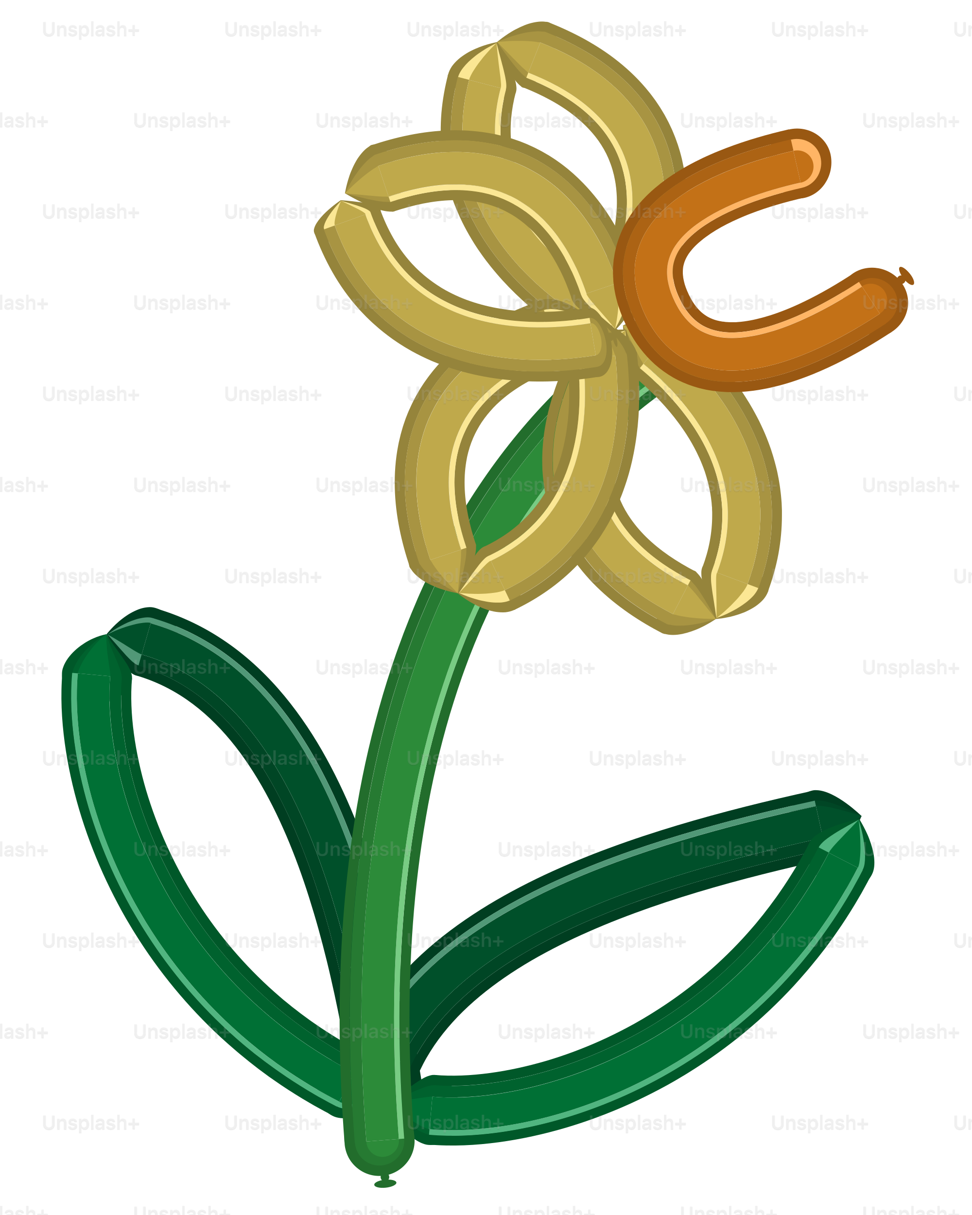 A yellow flower with a green stem on a white background