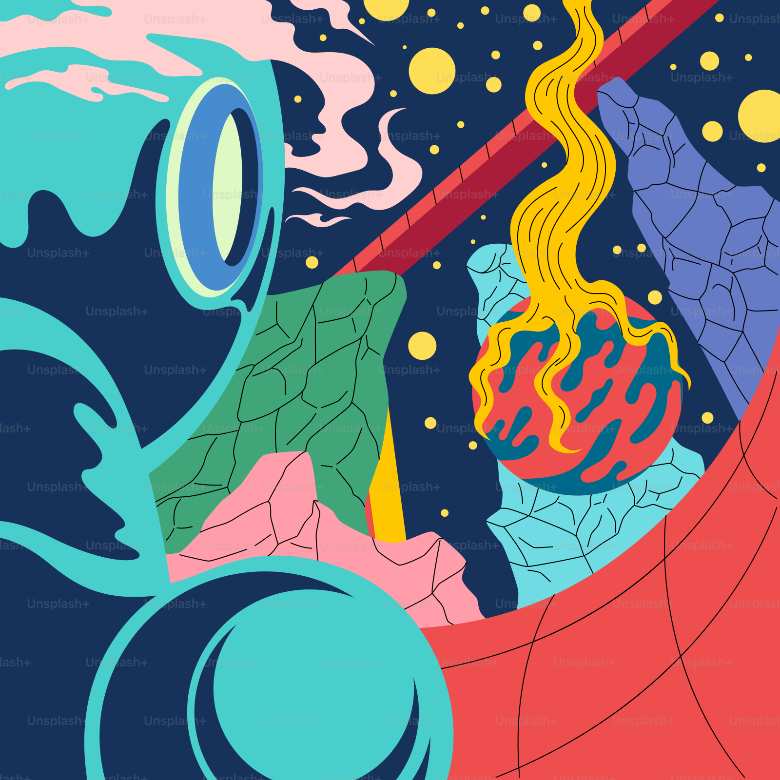A colorful illustration of a man looking through a telescope