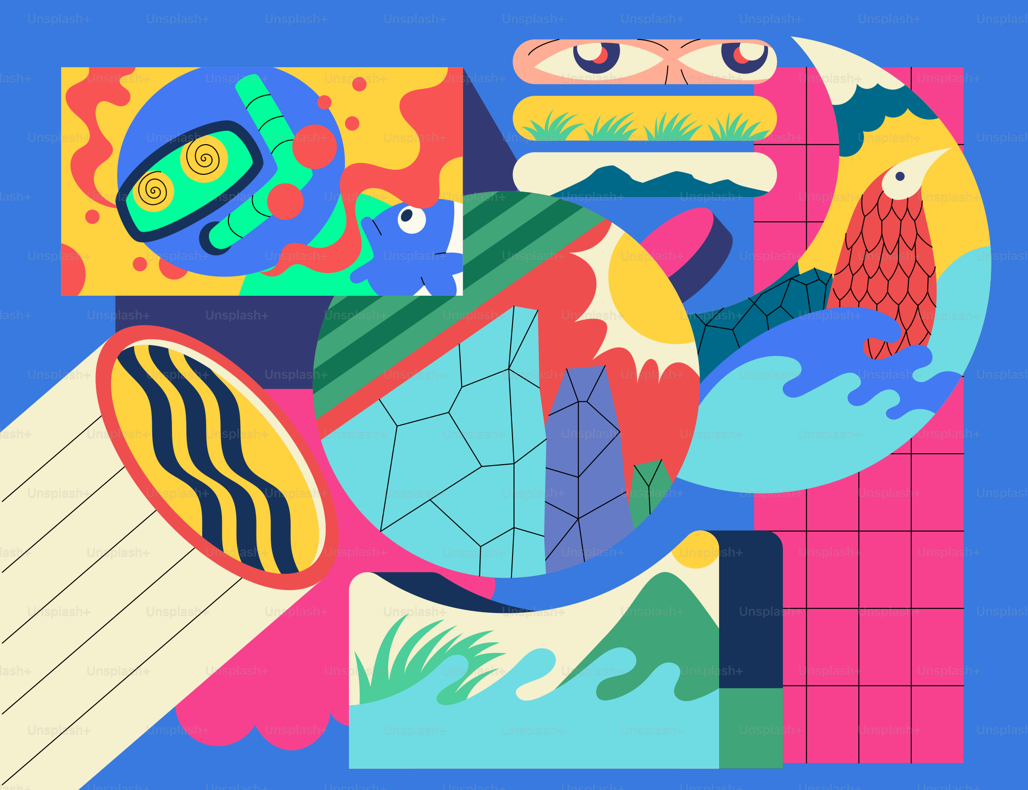 A blue background with a bunch of colorful objects vector – Abstract ...
