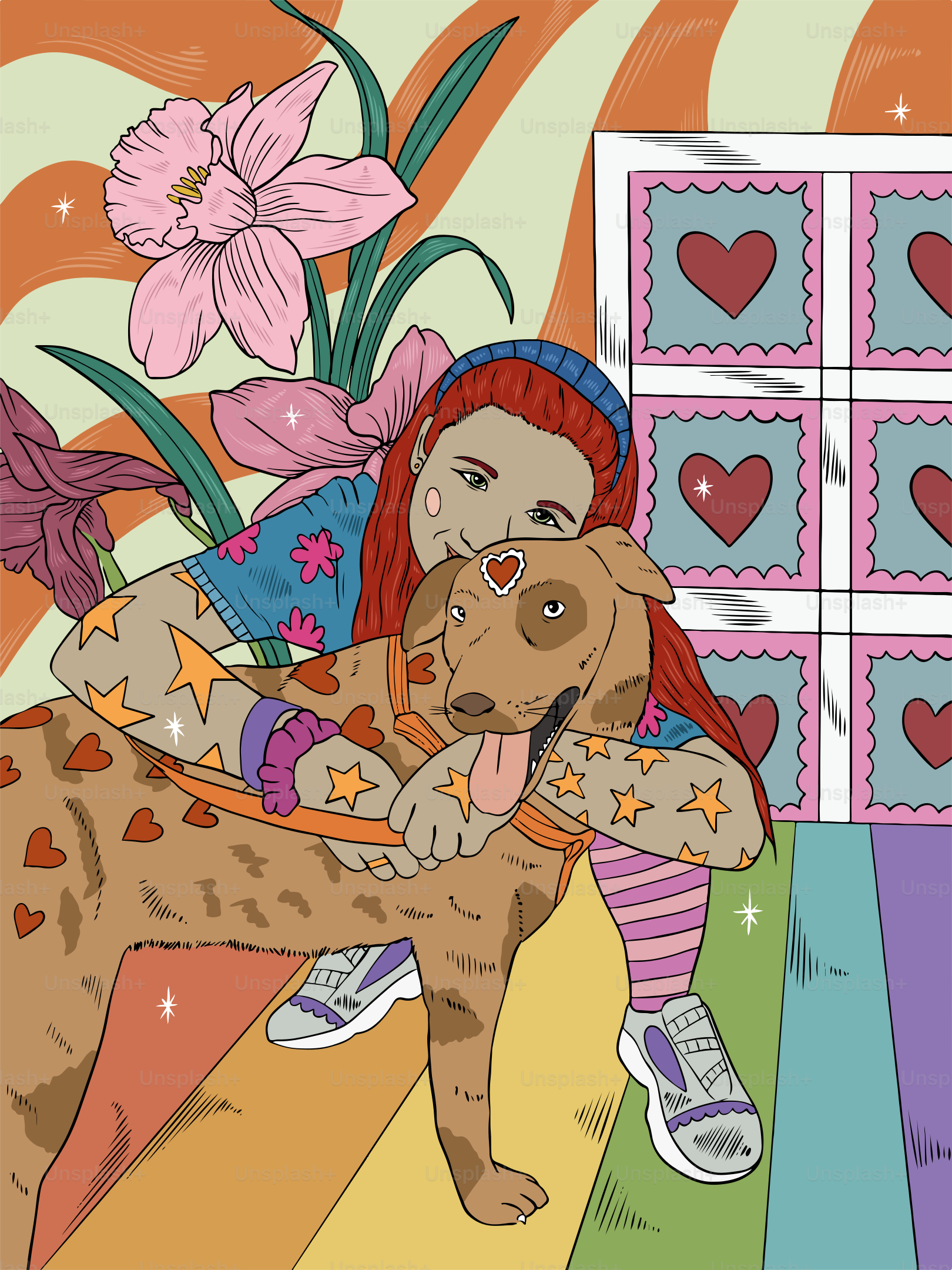 A drawing of a woman hugging a dog