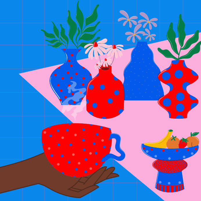 A painting of a hand holding a table with vases on it