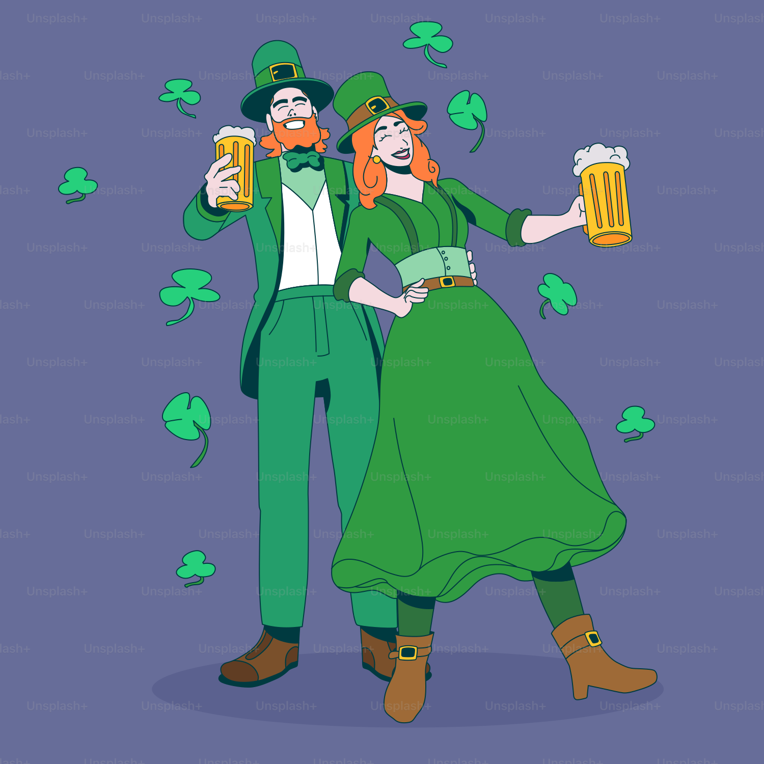 A man and a woman dressed up as leprechauns