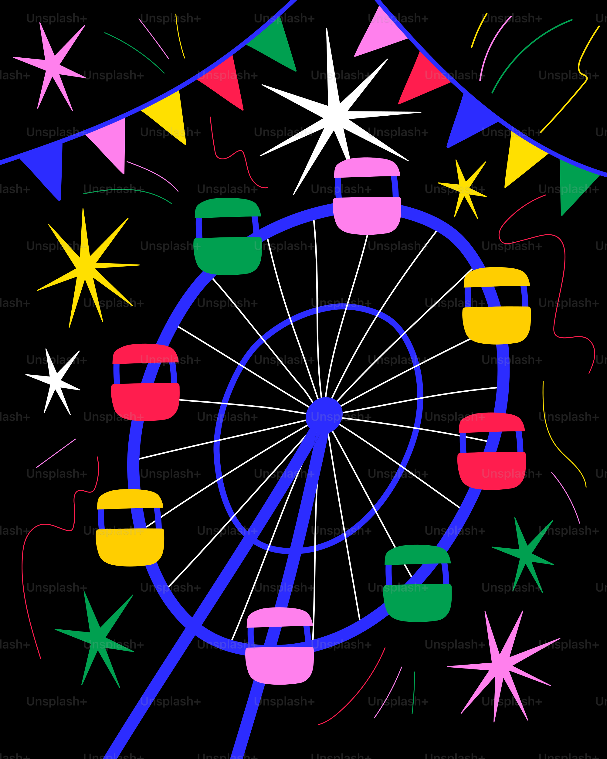 Ein buntes Riesenrad, umgeben von Sternen und Konfetti