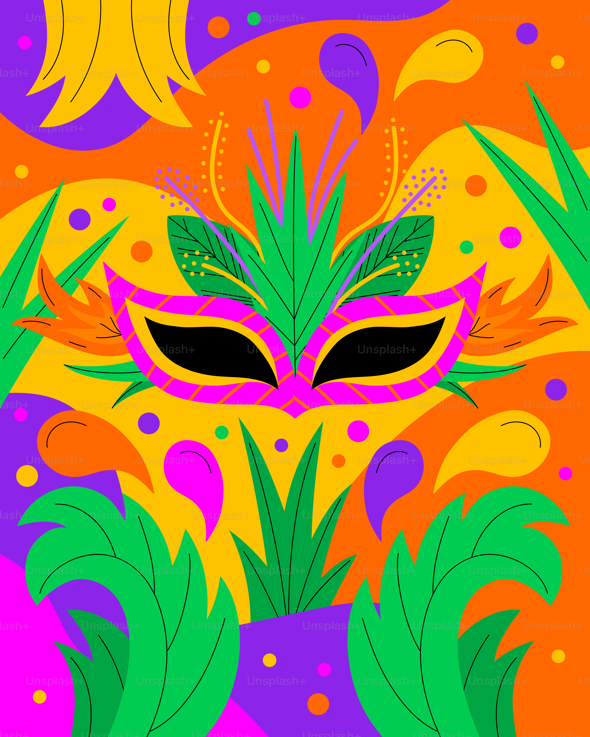 A colorful mask with green leaves on an orange background