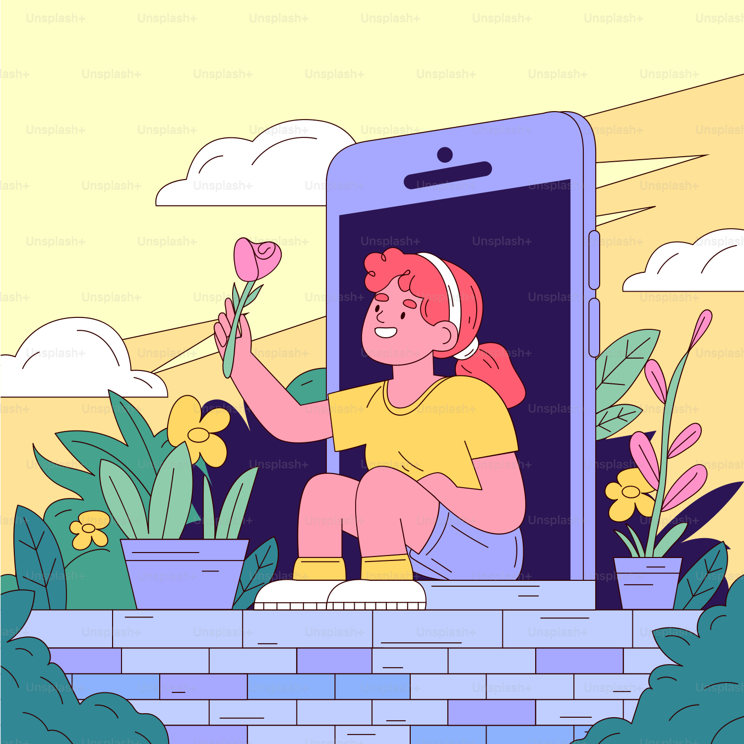 A woman sitting on a brick wall holding a flower