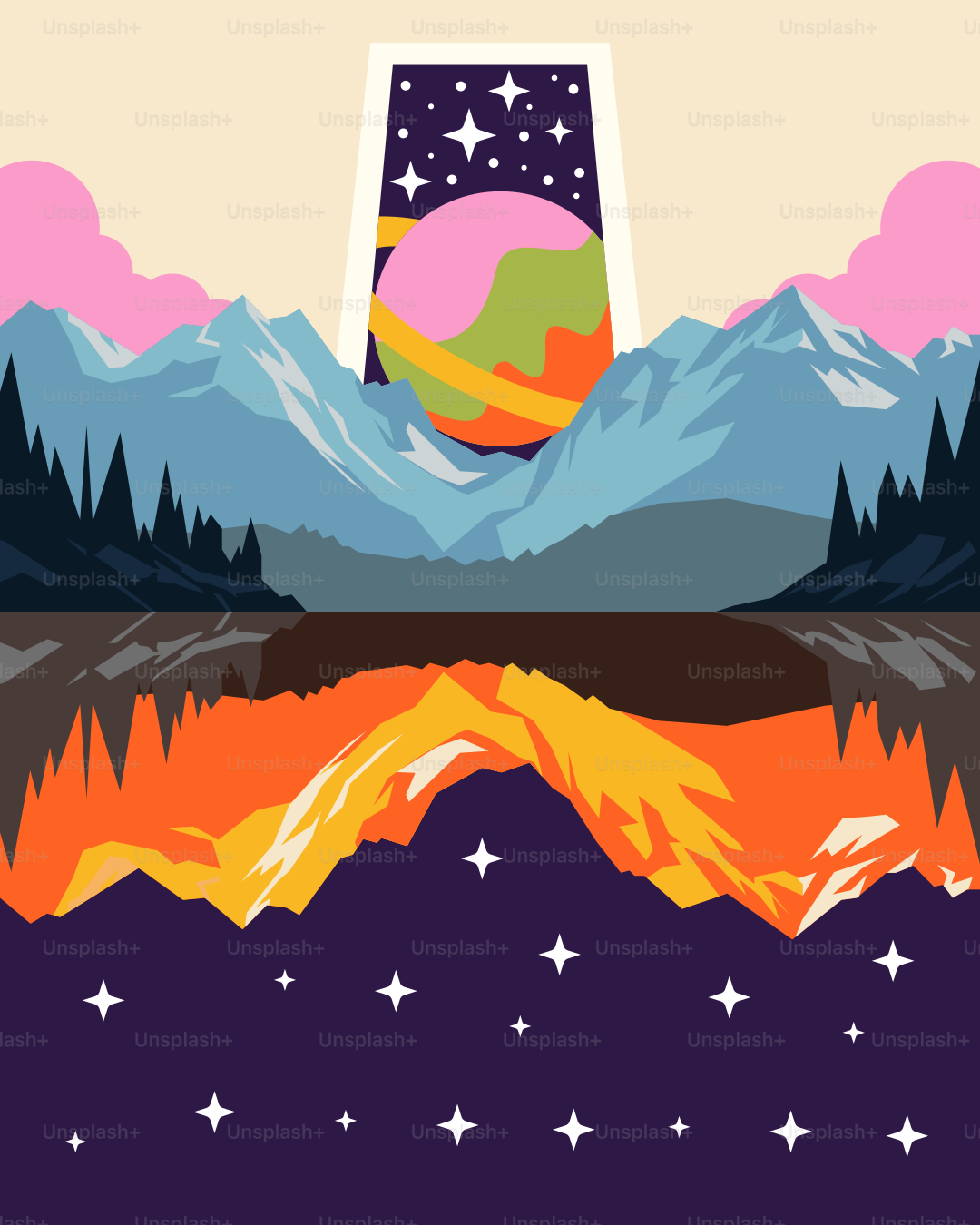 A poster with mountains and stars in the background