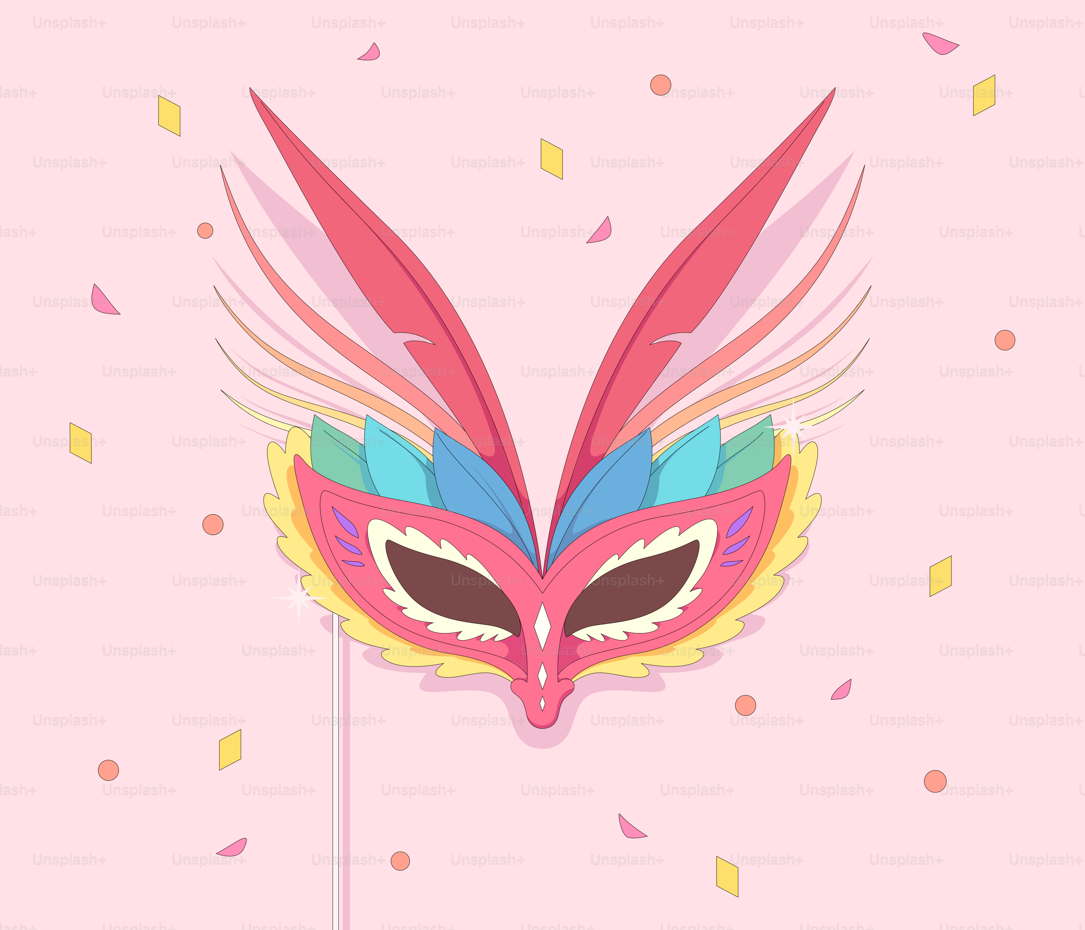 A mask with feathers on a pink background