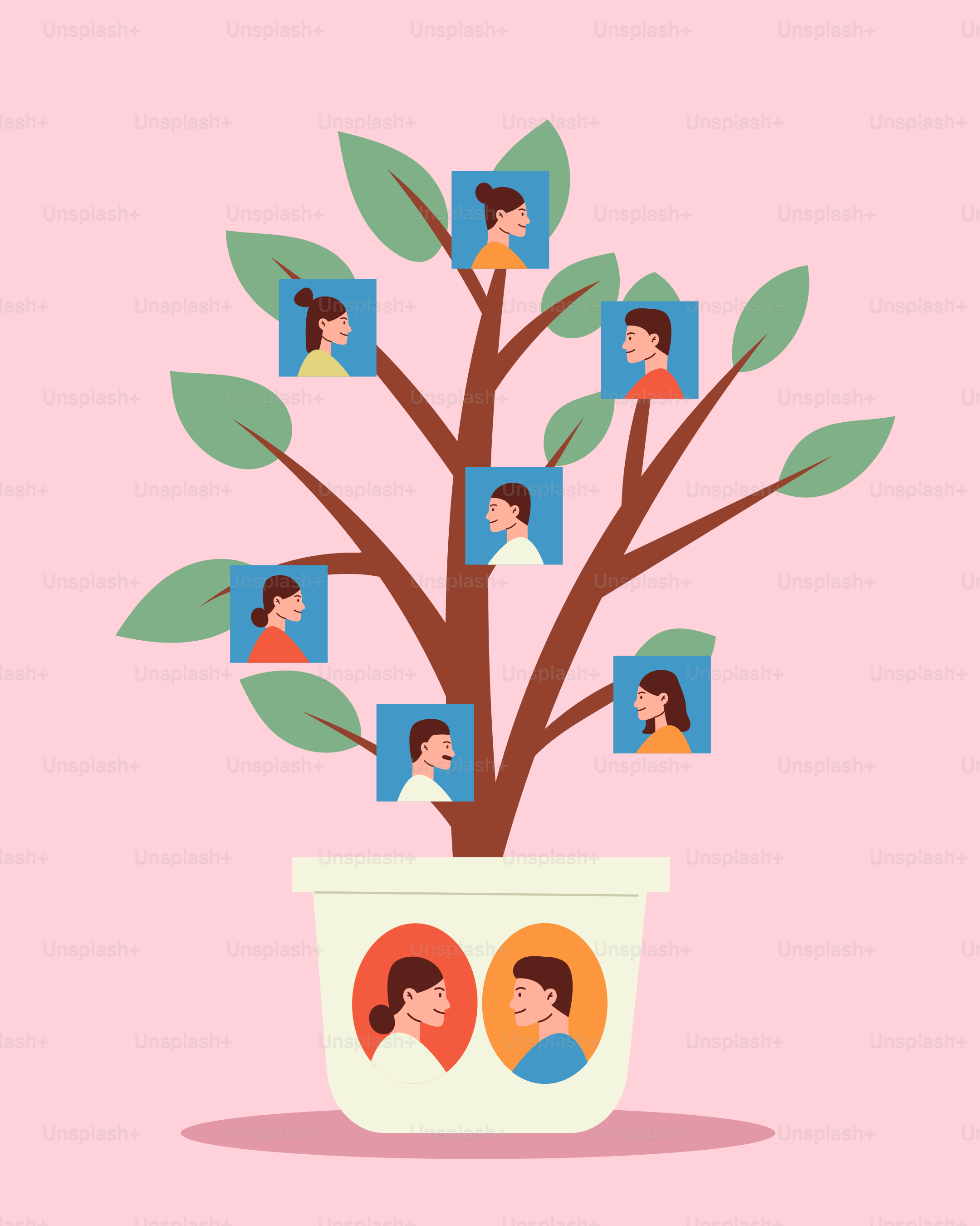 Une plante en pot avec des photos de personnes dessus