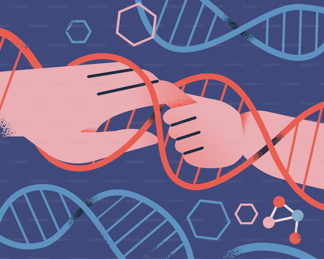 Une main tenant un brin de mèches rouges et bleues