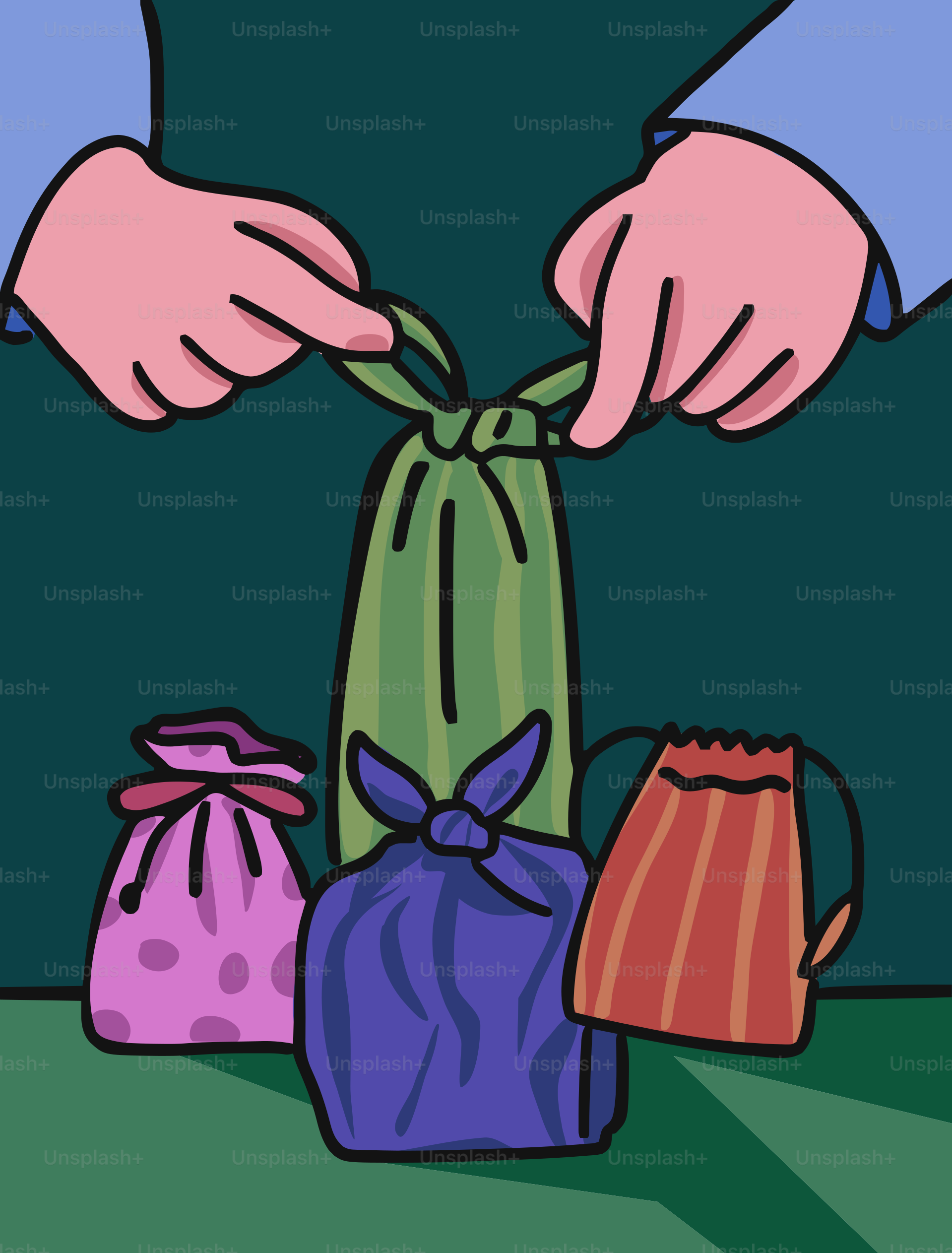 A person putting something in a bag on a table