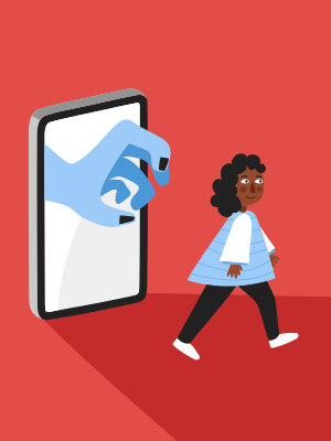 A woman walking past a phone with a giant hand coming out of it
