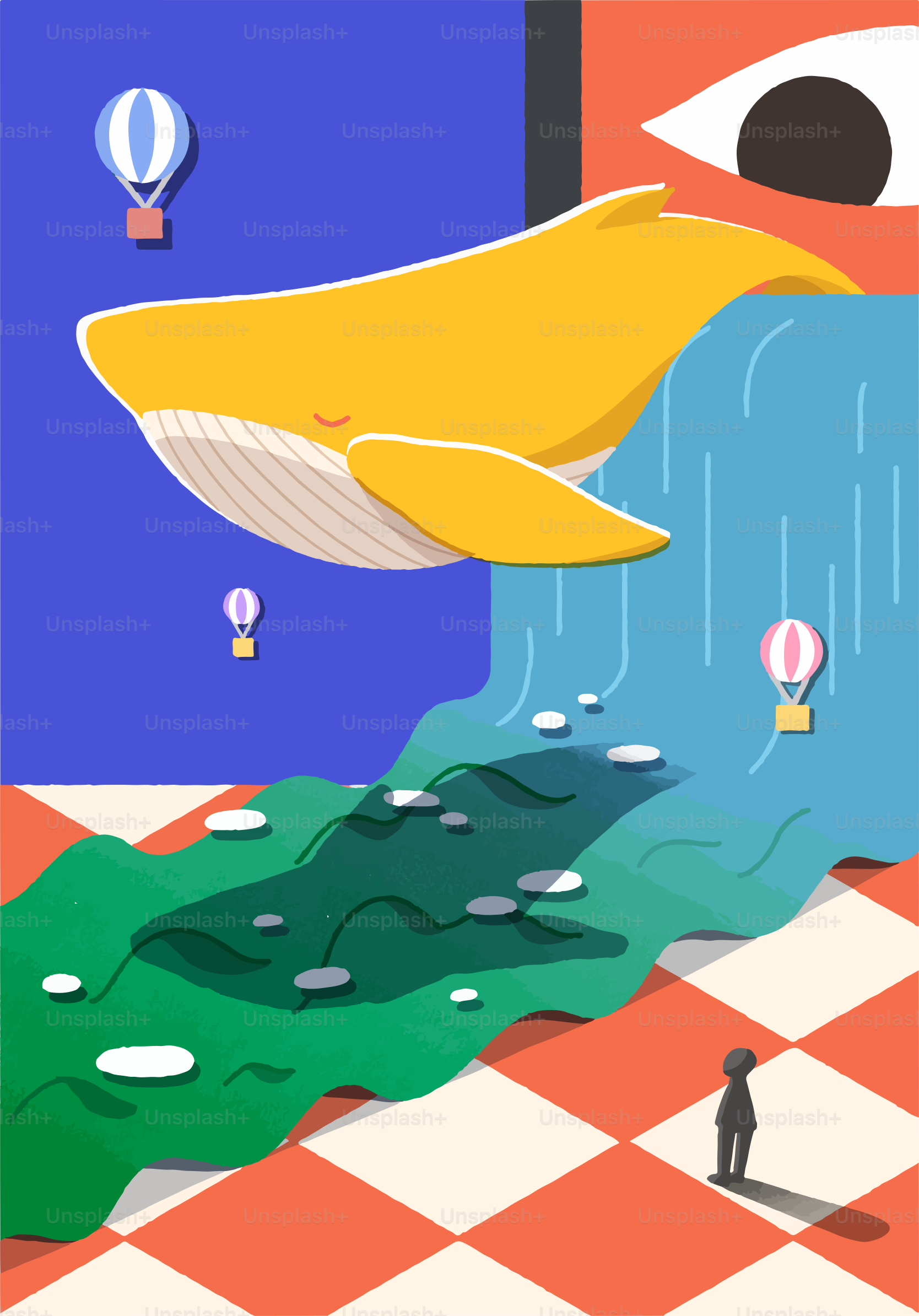 A man standing in front of a painting of a whale