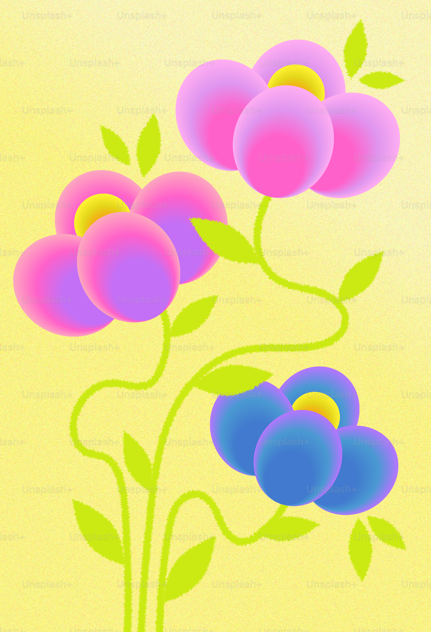 Una pintura de tres flores sobre fondo amarillo