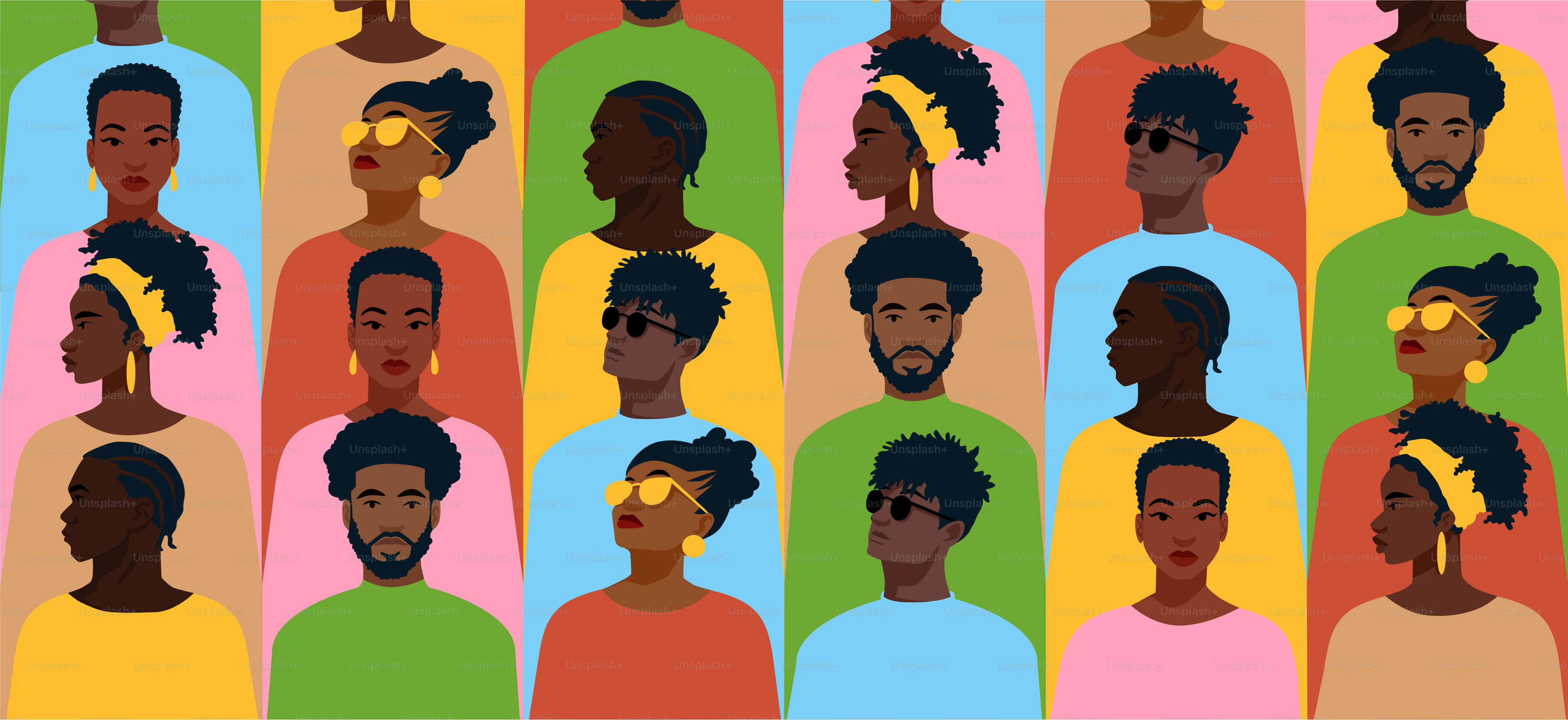 Un grupo de personas con caras de diferentes colores