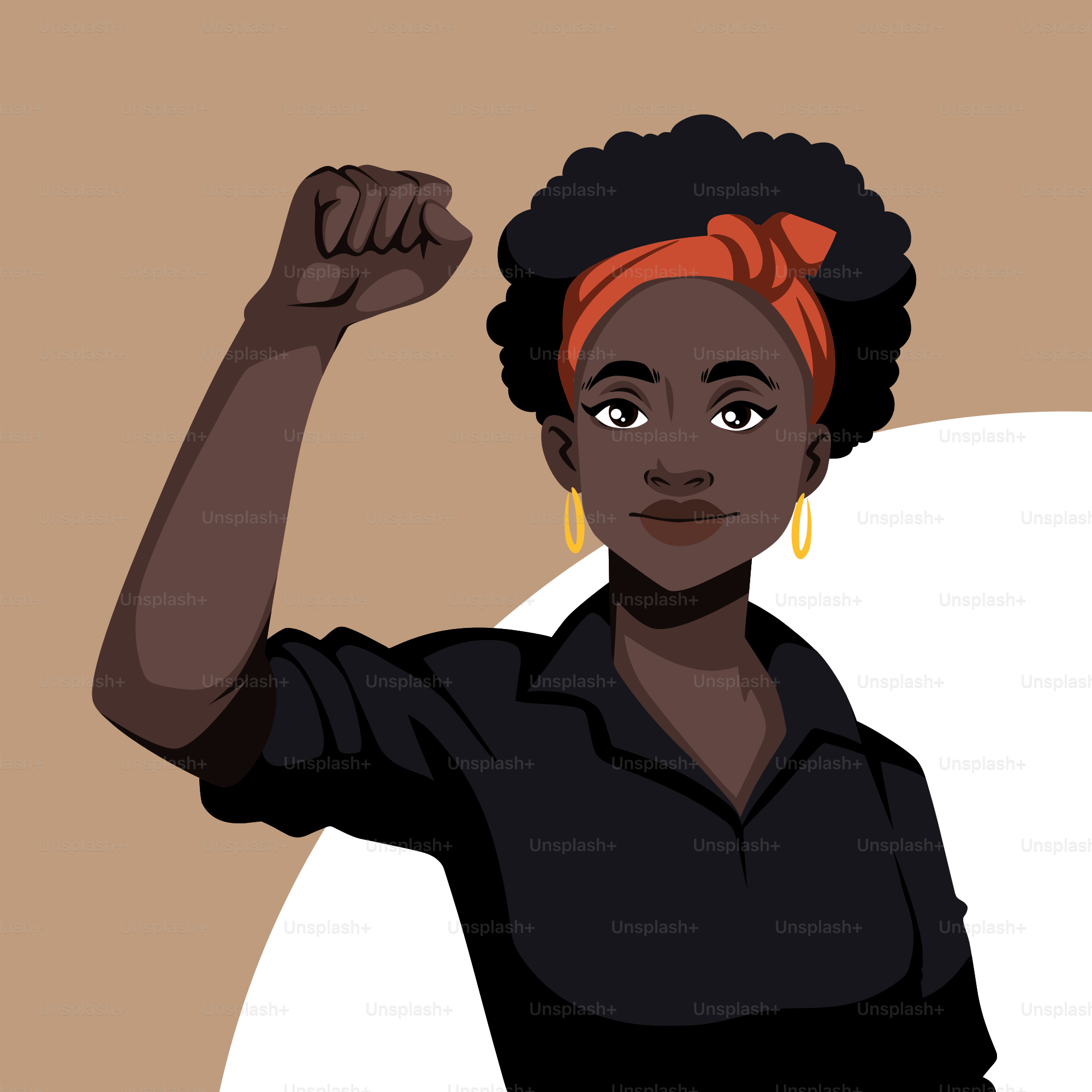 A woman in a black shirt is raising her fist