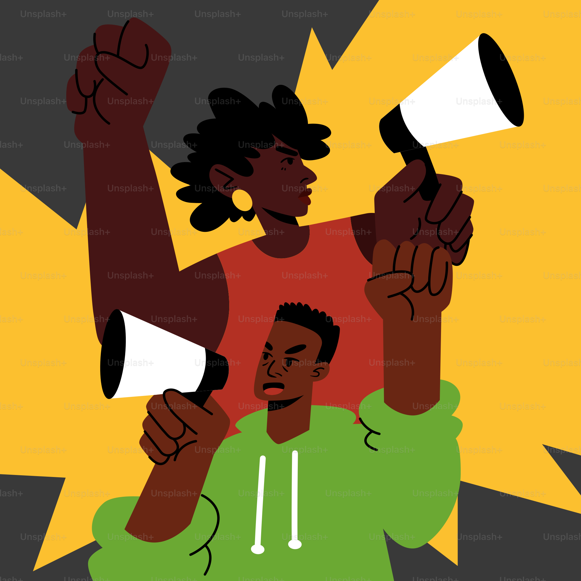 A woman holding a megaphone and a man holding a megaphone