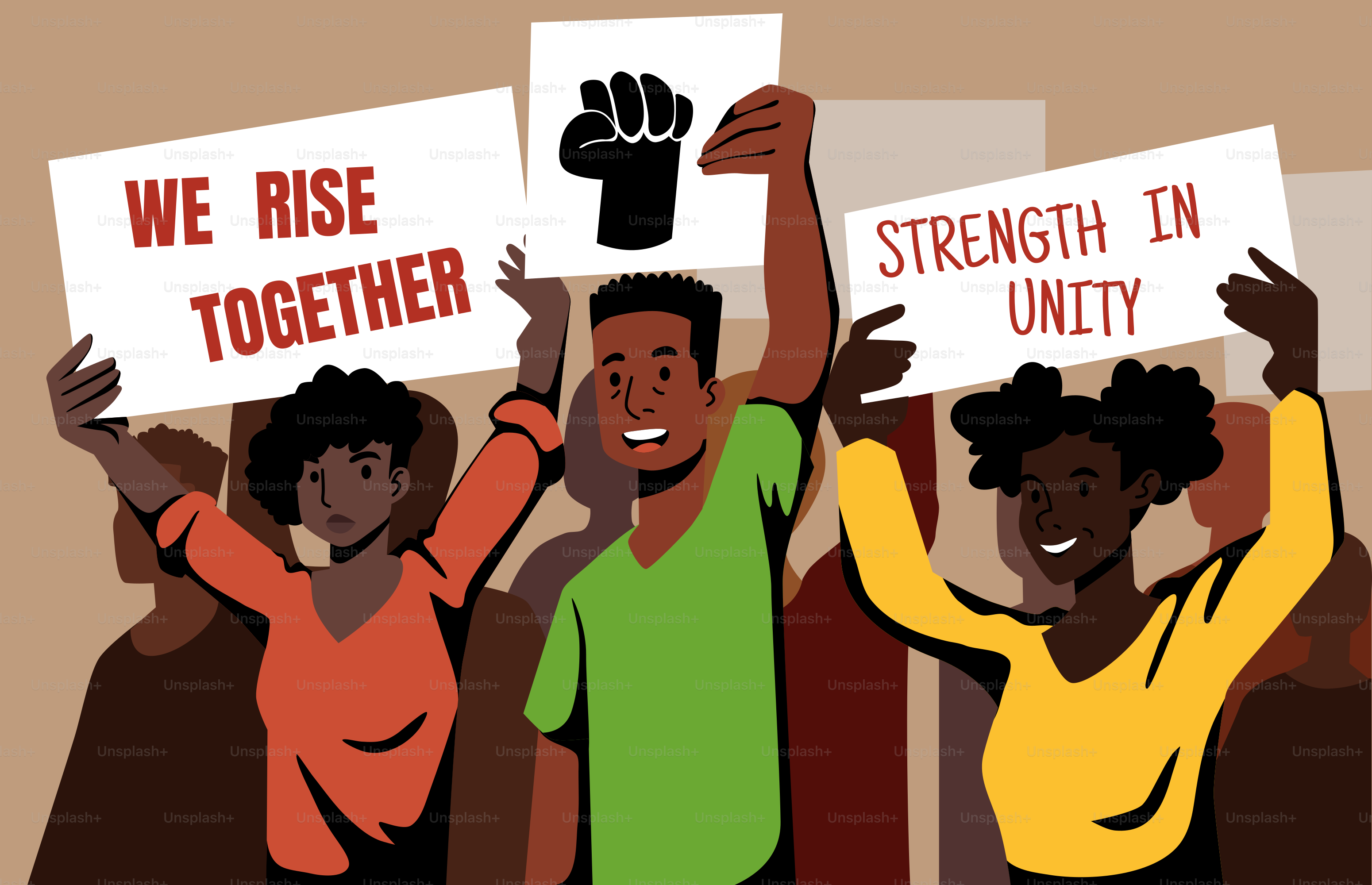 Un groupe de personnes brandissant des pancartes disant que nous nous levons ensemble