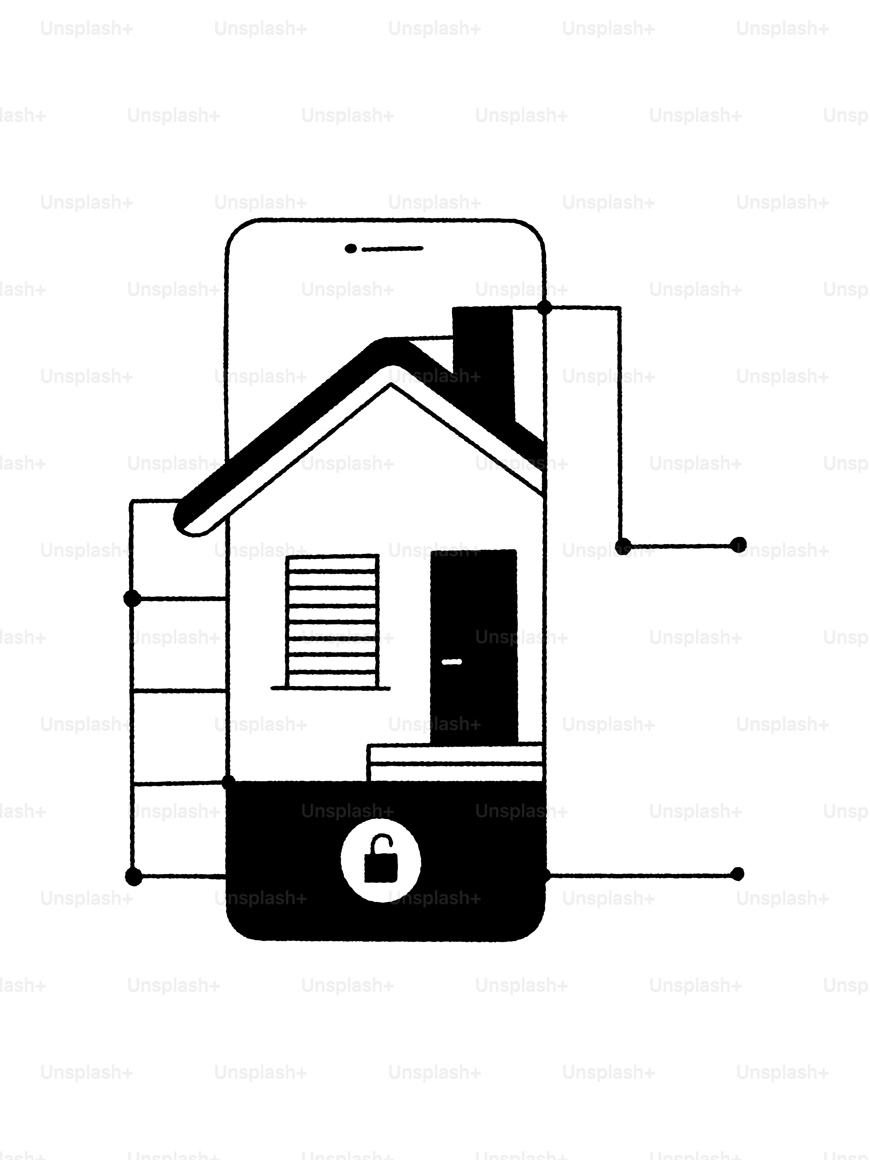 A drawing of a house with a cell phone