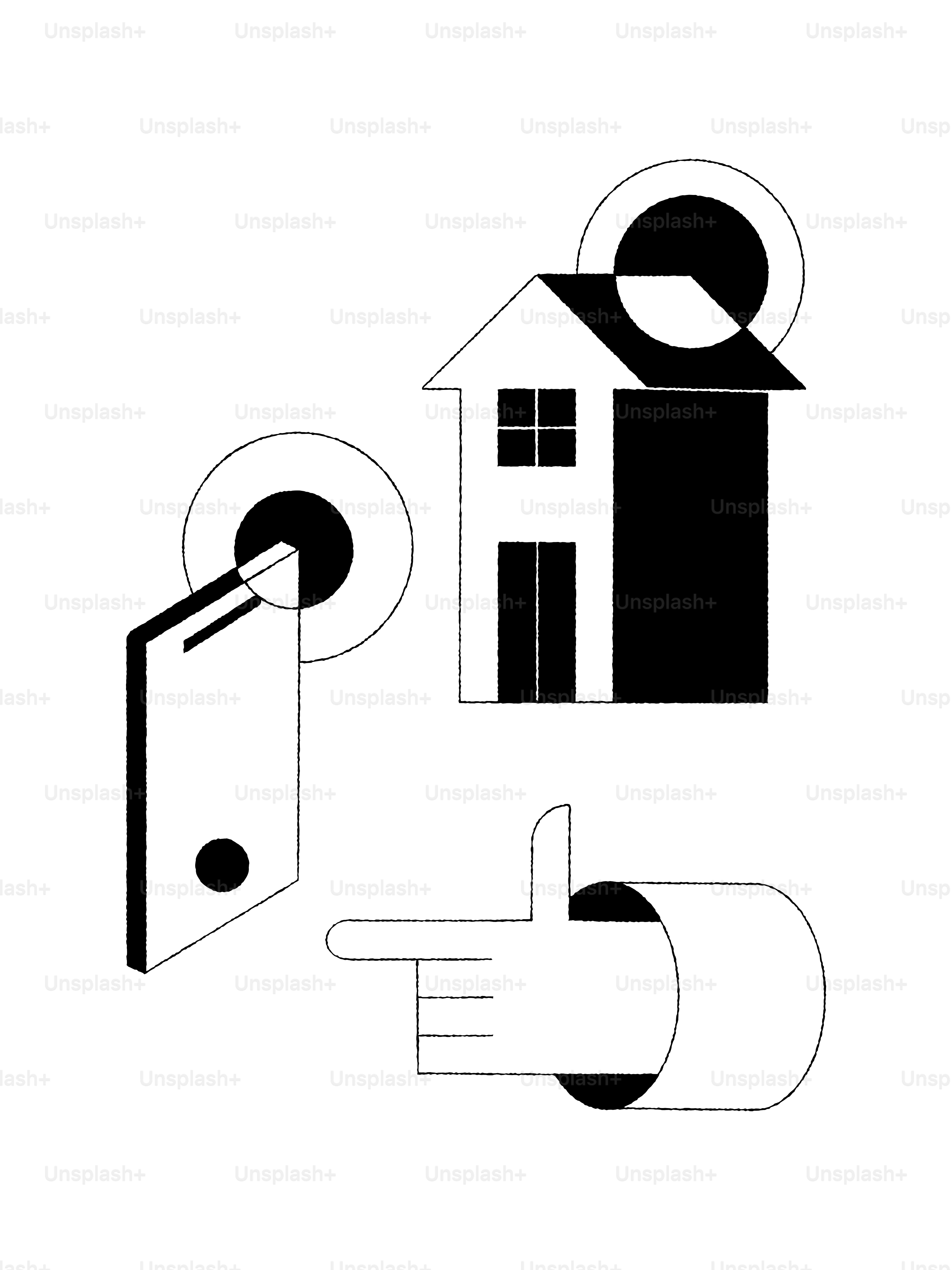 Una imagen en blanco y negro de una casa y una llave